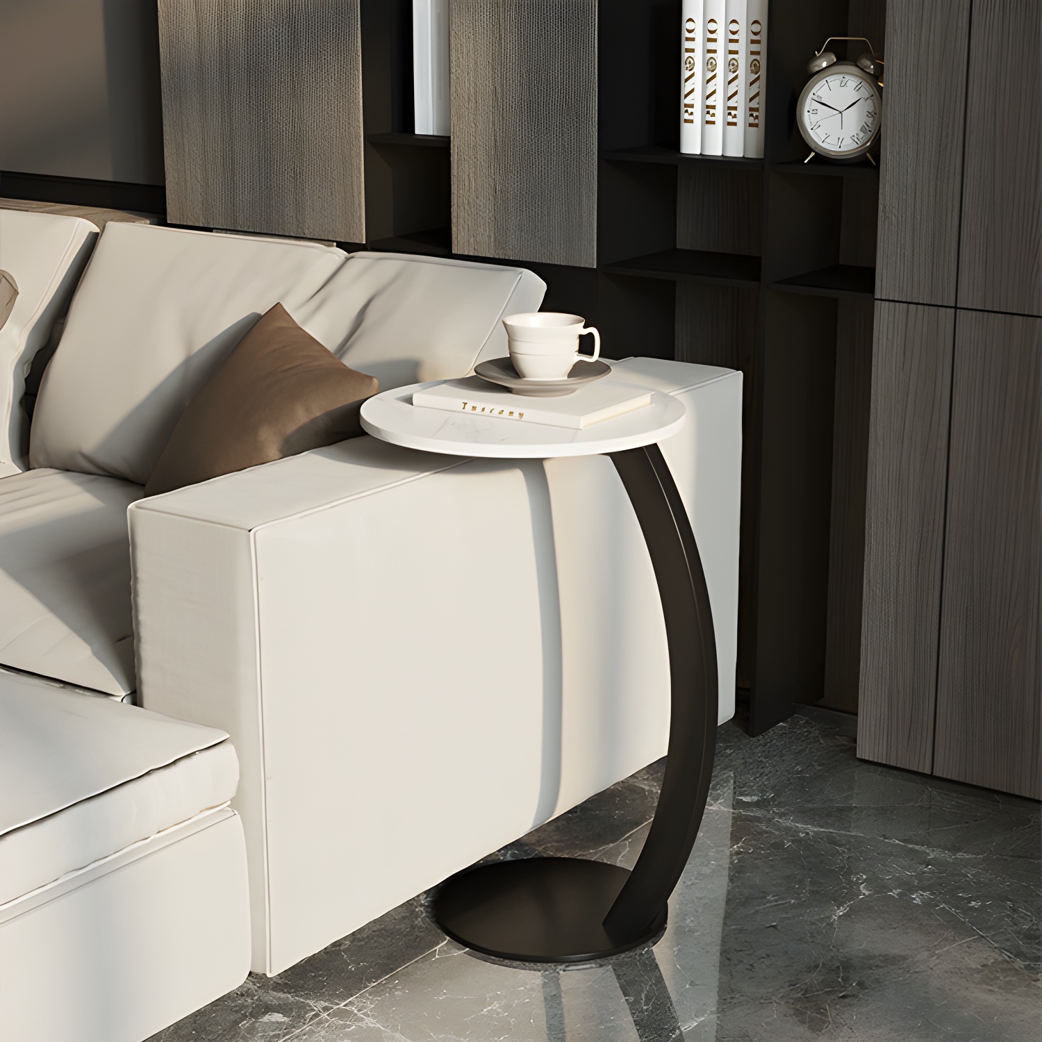 Round Stone Top Modern C Table with Iron Base for Stylish and Convenient Placement