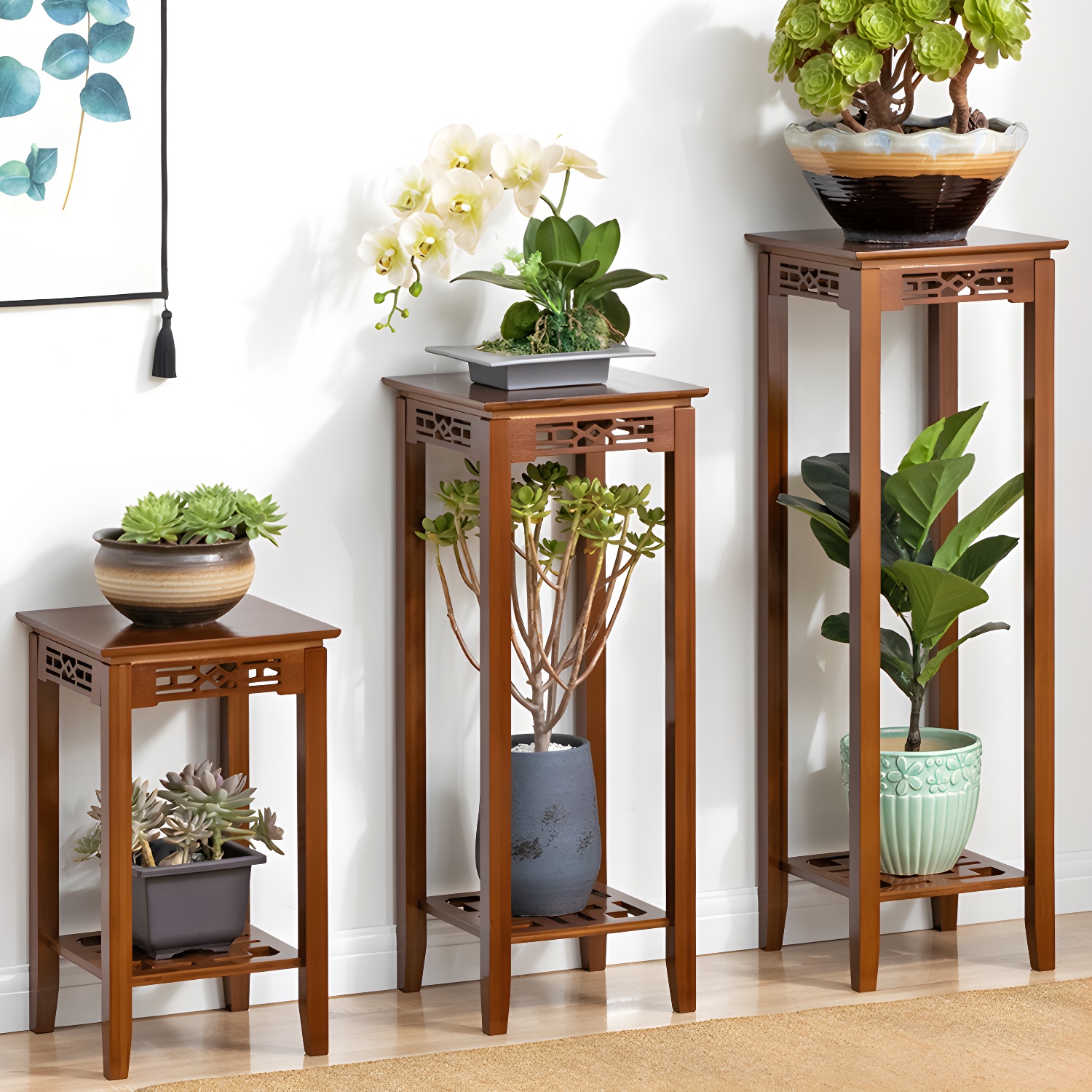 Stain-Resistant Bamboo Wood Plant Table with Shelves and Legs for Functional and Stylish Display