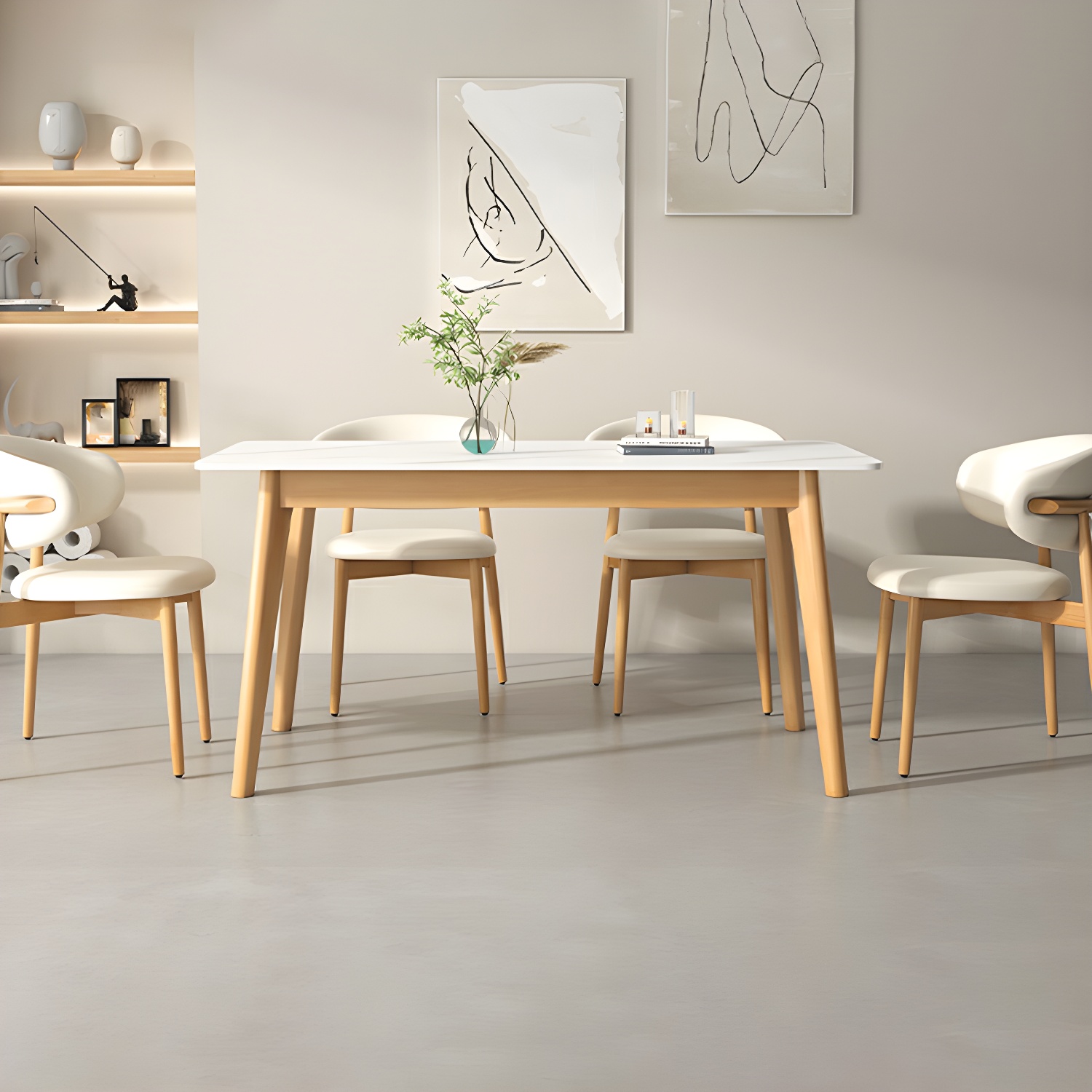 White Stone Rectangular Dining Table with Light Wood Legs - Scandinavian Style, Scratch Resistant