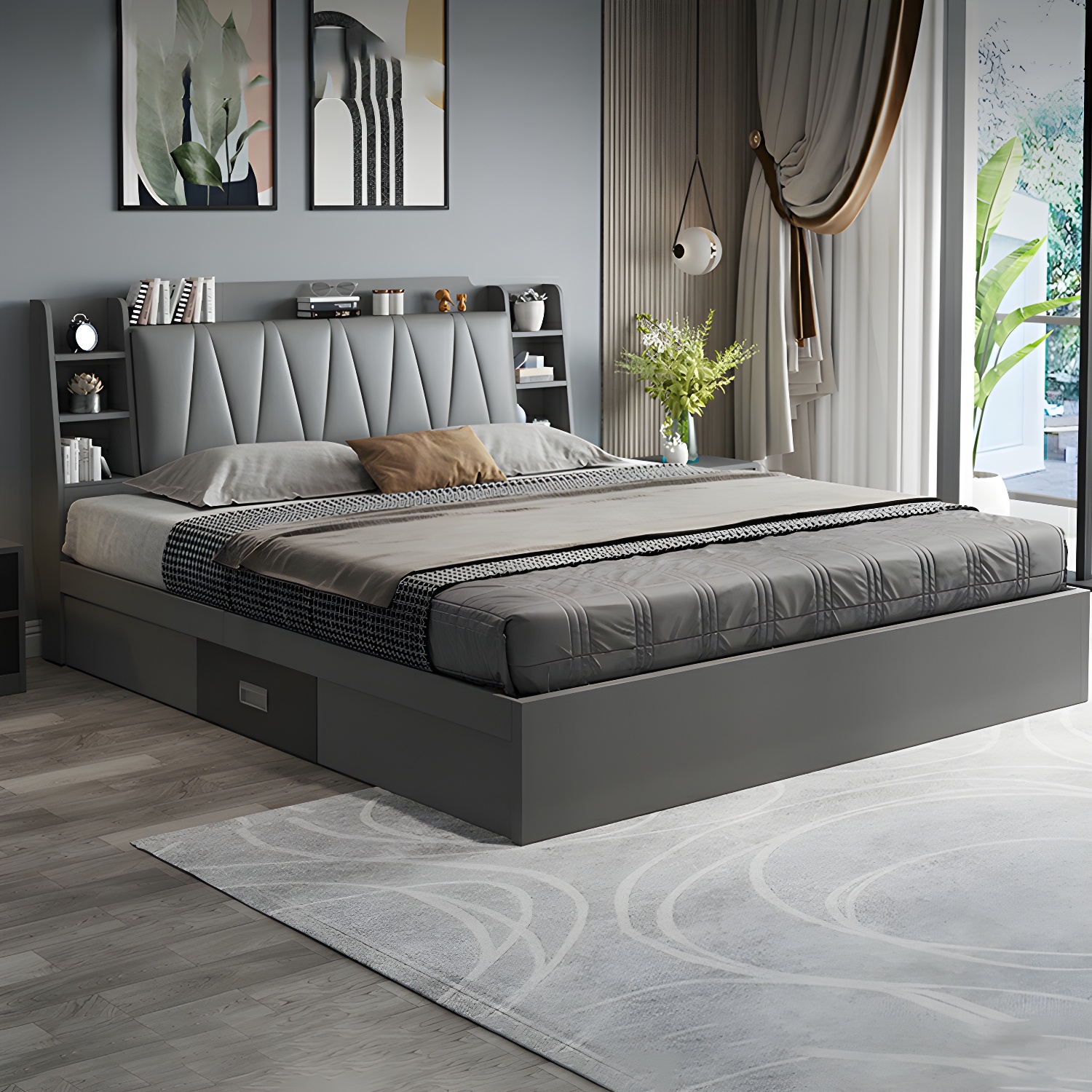 Gray Upholstered Panel Bed with Drawers and Headboard Included