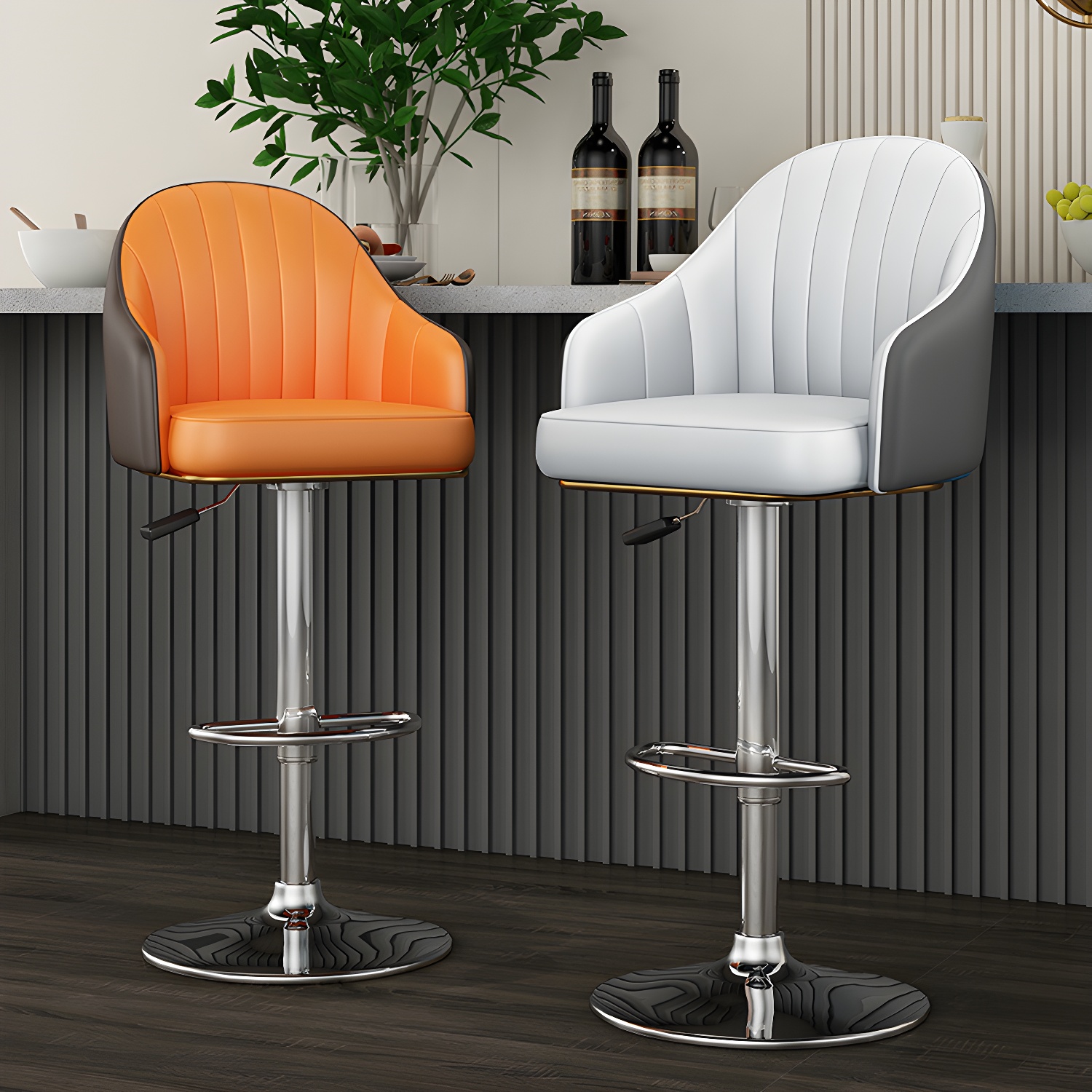 Modern Leather Bucket Seat Bar Stool with Adjustable Height, Swivel, and Arms