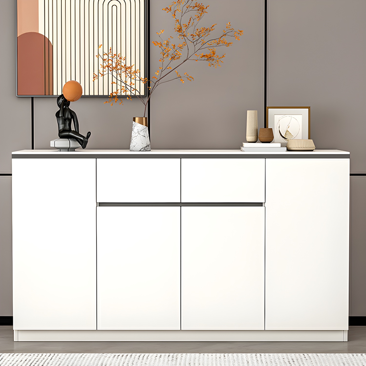 Modern Wood Sideboard Credenza with Drawers and Cabinets - Stone Countertop