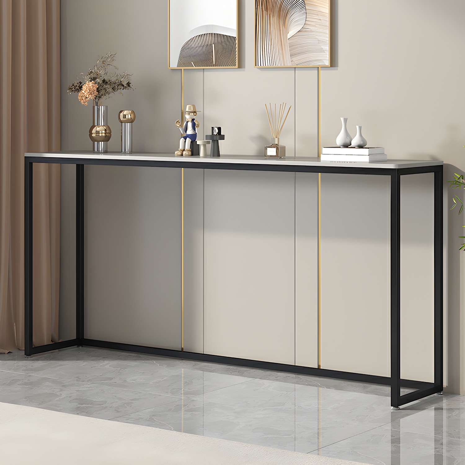 Modern Black Metal Base Rectangular Console Table with Stone Top, Scratch and Stain Resistant