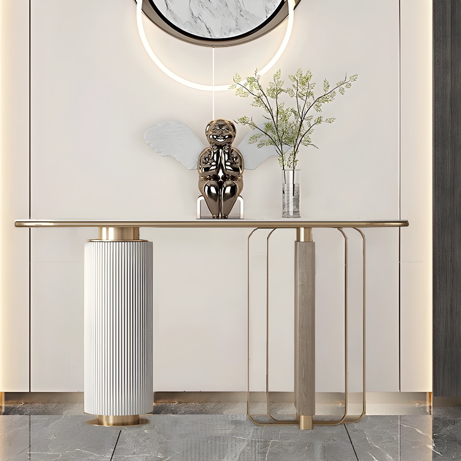 Modern Oval Console Table with Gold Metal Base and Scratch Resistant Stone Top for Elegant Decor