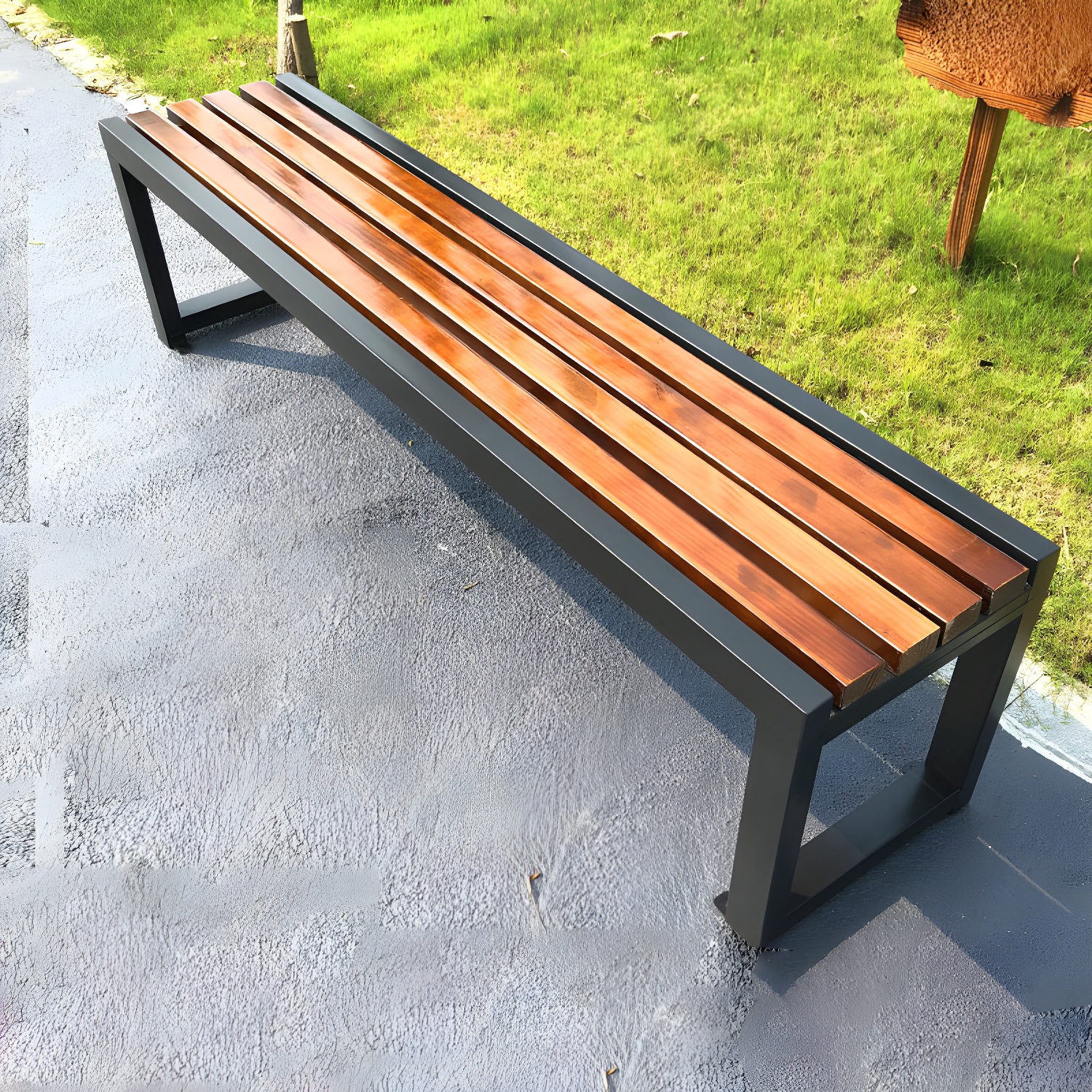 Mid-Century Modern Black Metal Park Bench with Teak Wood Seat, Waterproof and Water Resistant