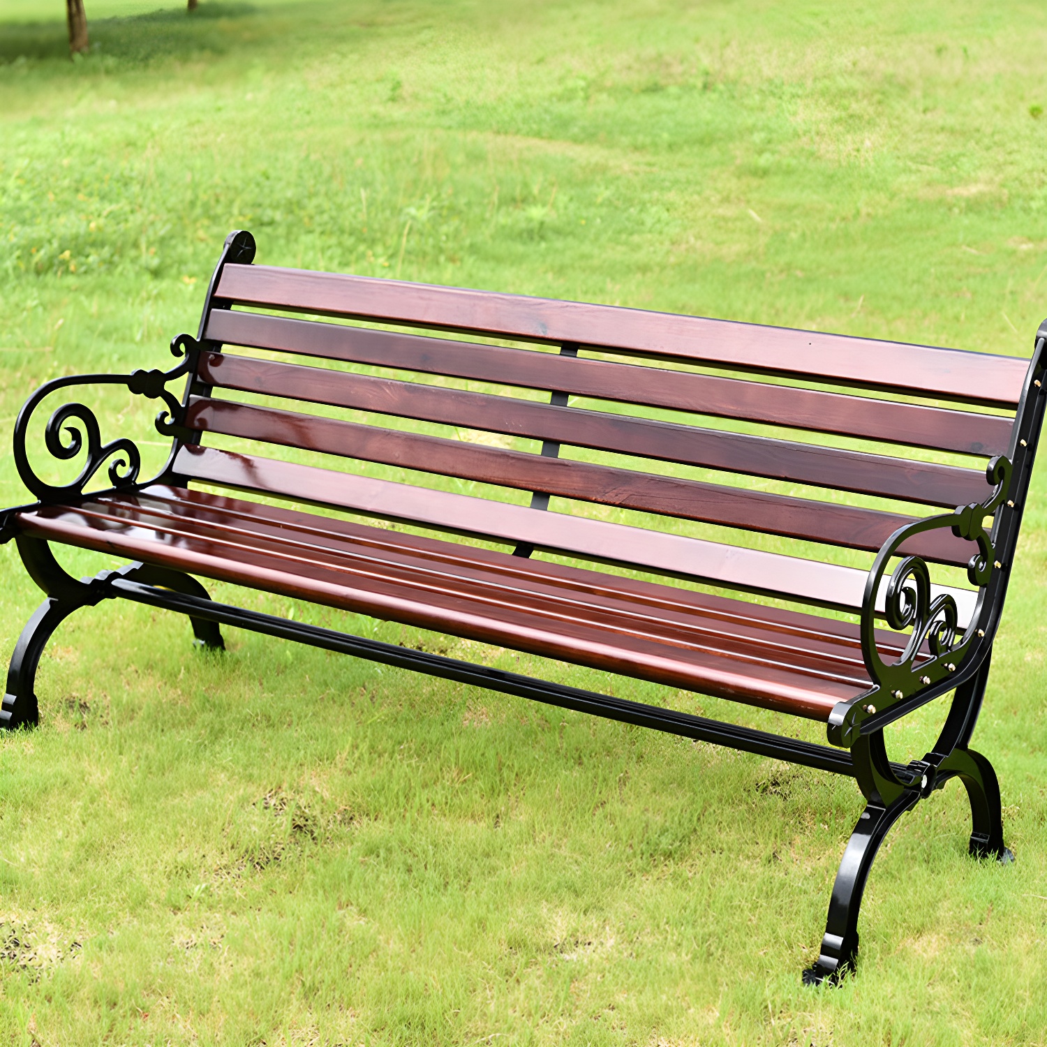 Mid-Century Modern Metal Park Bench with Wood Seating in Black and Brown Colours