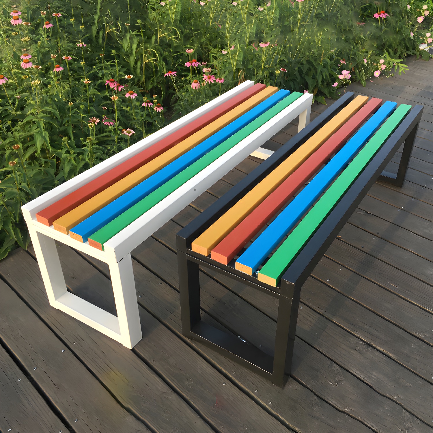 Scandinavian Metal Picnic Bench with Waterproof Wood Seat, UV Resistant, and Armless Design