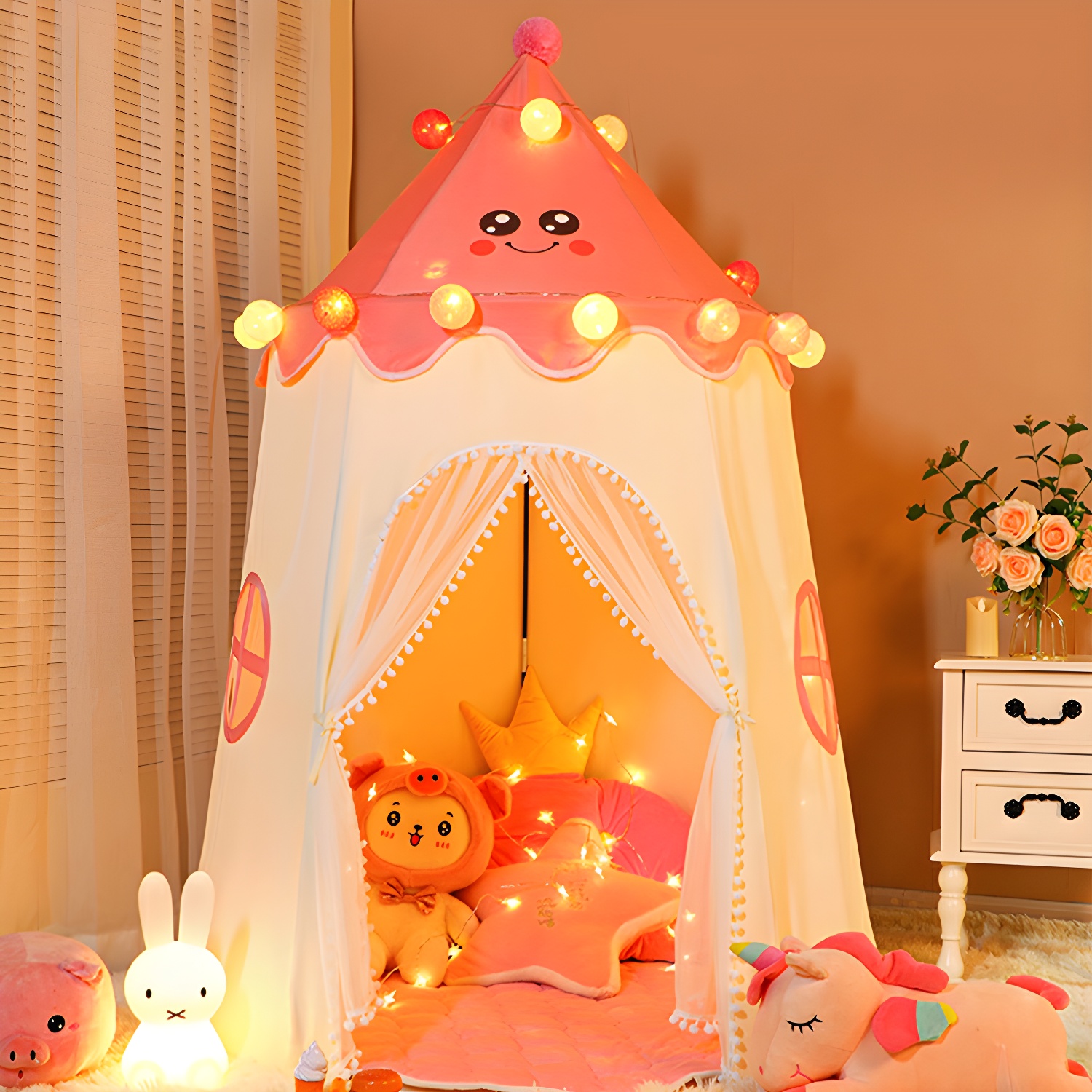 Castle-themed Round Play Tent with LED Lights and Fade-Resistant Durability for Indoor Play