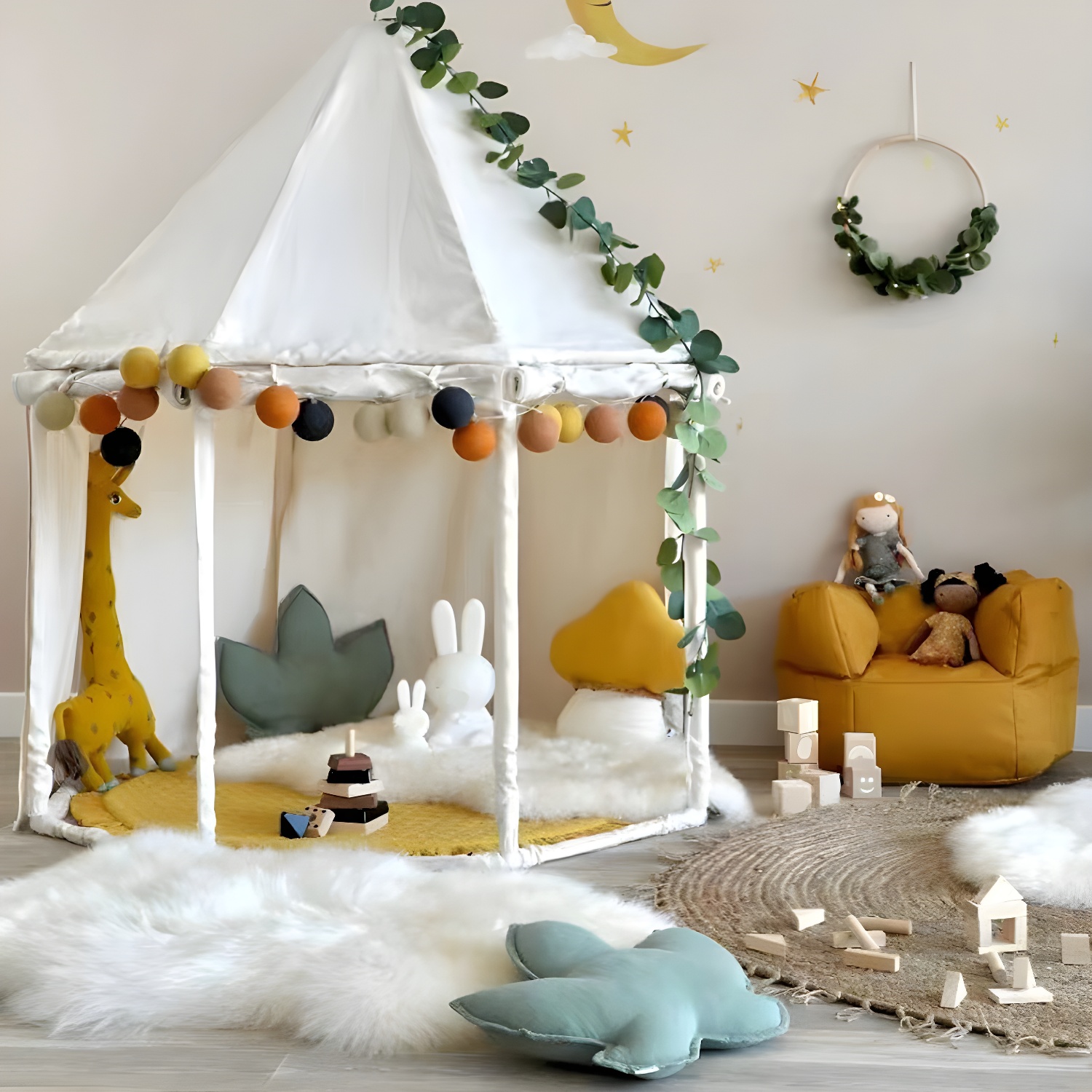 Cabin-themed White Canvas Play Tent for Indoor Use Foldable, Solid Wood Poles, and Durable