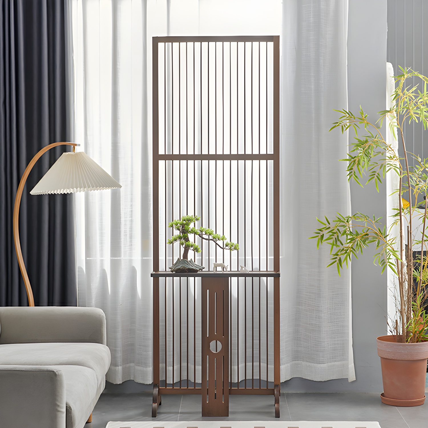 Scandinavian Freestanding Bamboo Room Divider with Transparent Bamboo Screen
