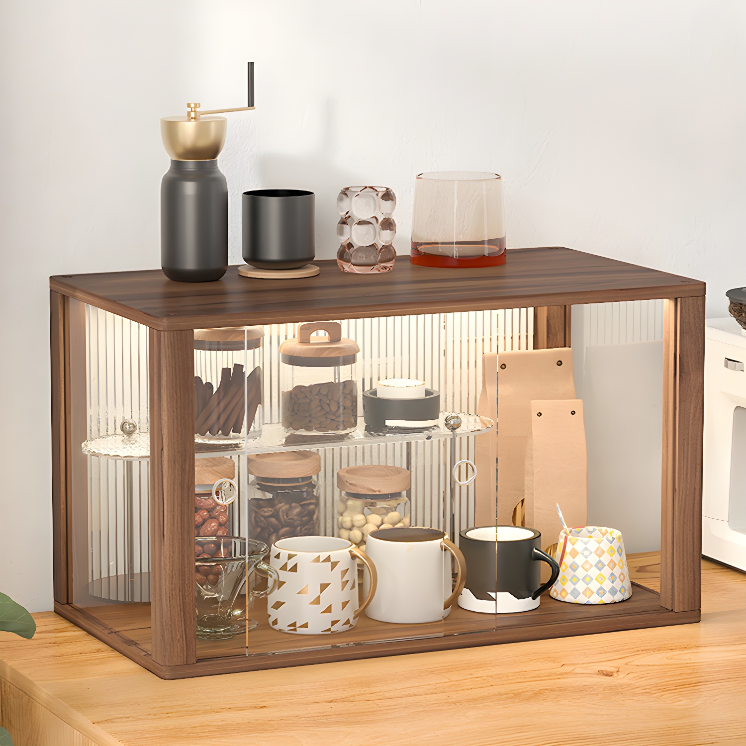 Espresso Wood Modern Display Stand with Sliding Doors & Cabinet Included - Short Height