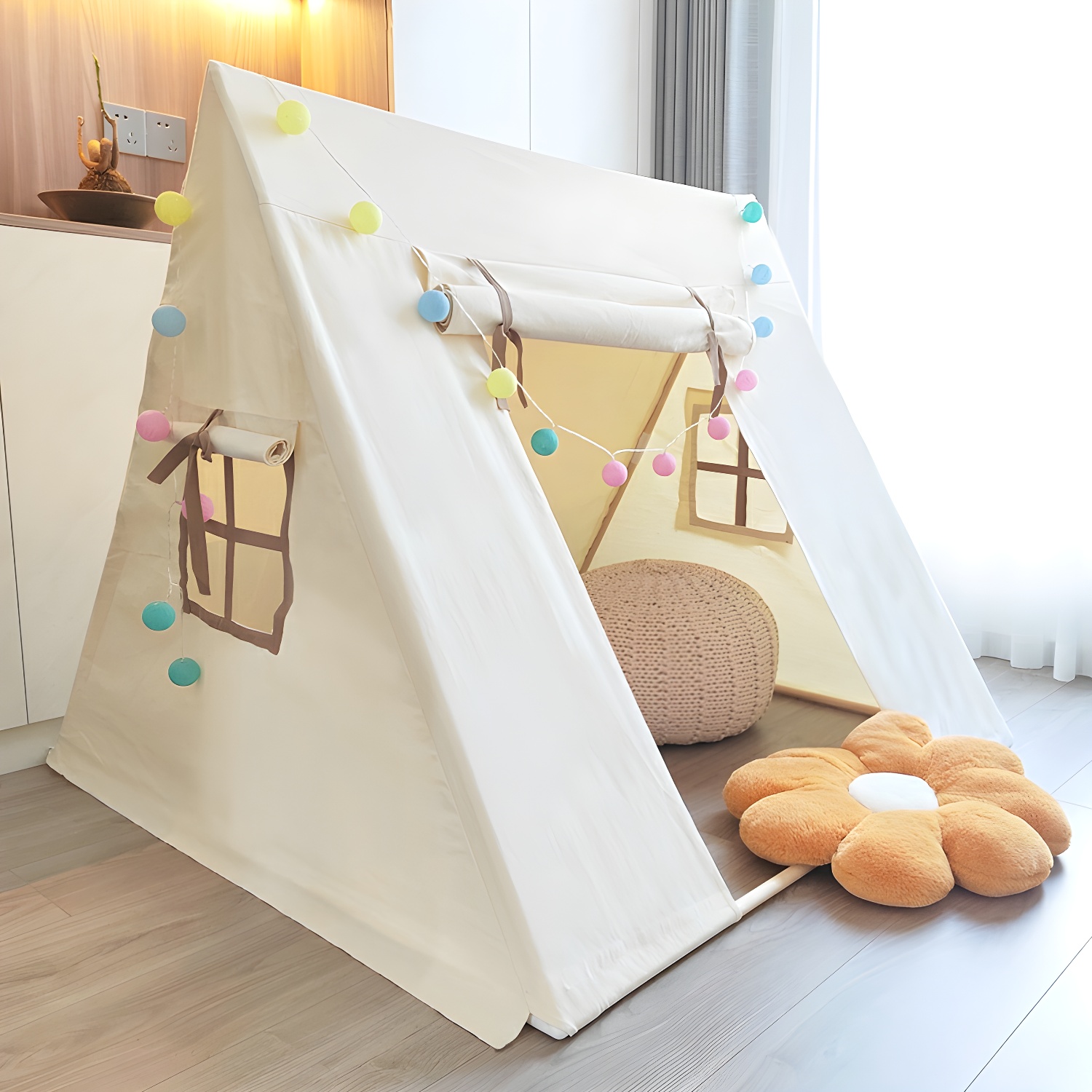 White Wood Triangle Play Tent with Windows, Ideal for Indoor/Outdoor Use, Accommodates up to 3