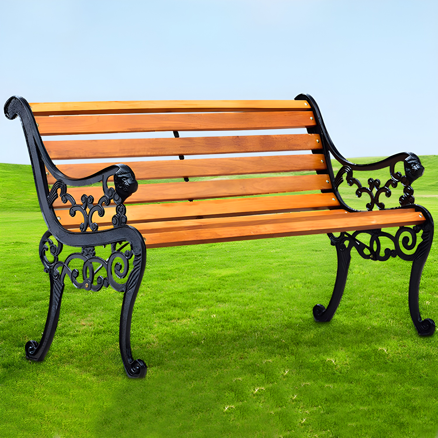 Industrial Metal Park Bench with Brown Wood Seating and Curved Arms