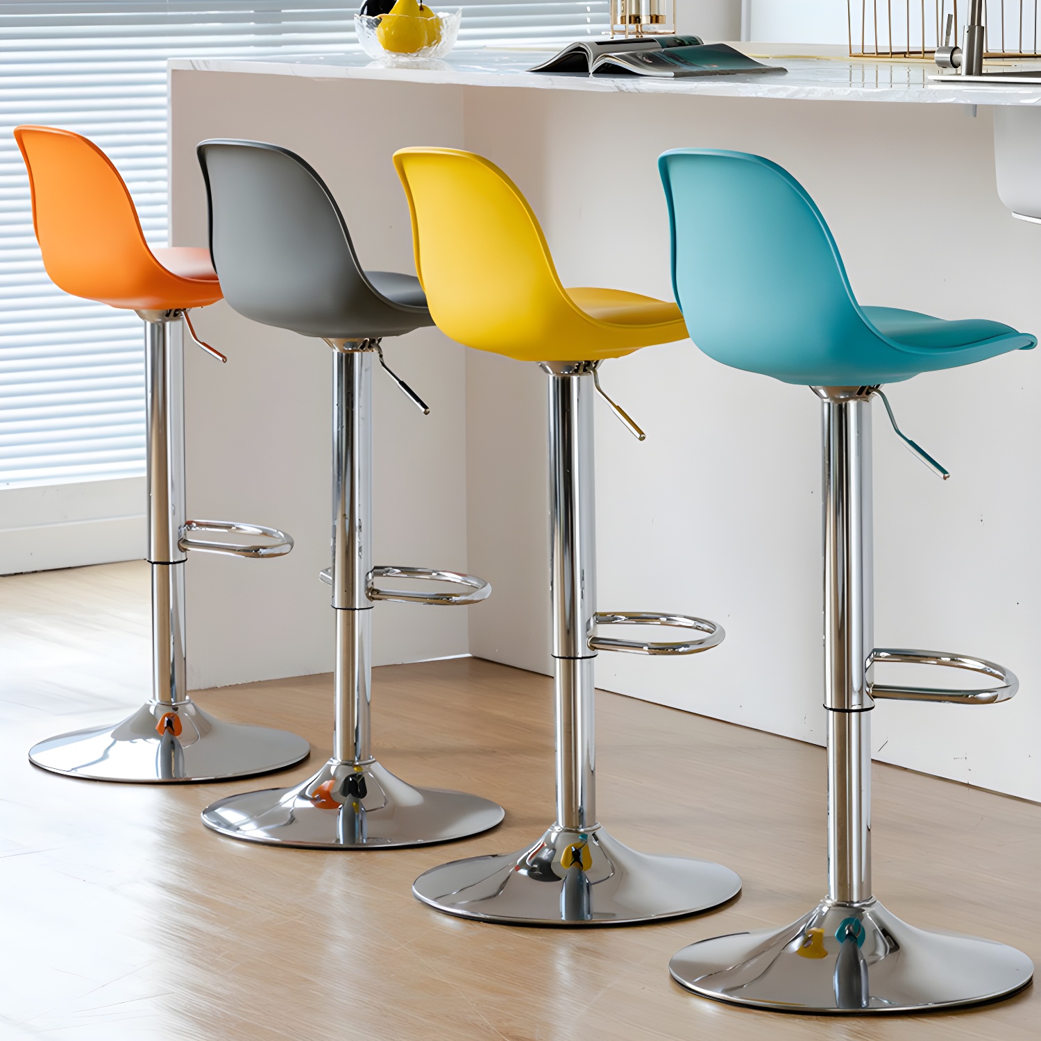 Modern Leather Counter Stool with Adjustable Height and Footrest in Silver Base