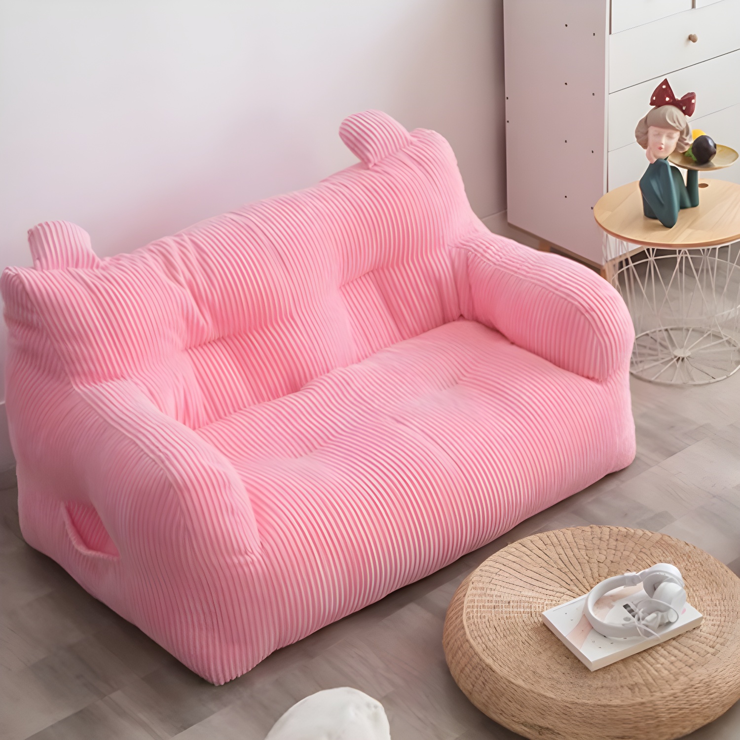 Large Corduroy Bean Bag Chair and Ottoman Set with Removable Cover and Zipper Closure