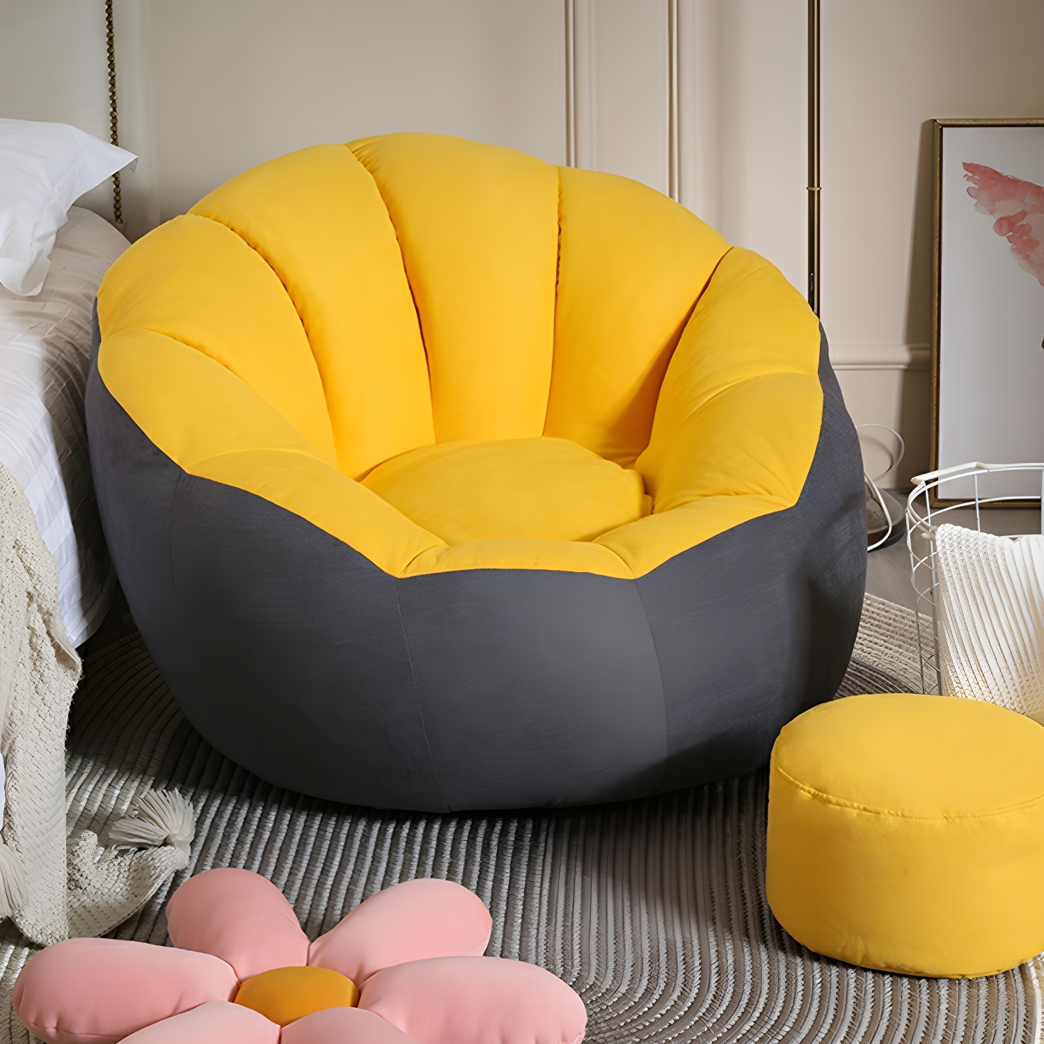 Comfy Cotton Blend Bean Bag Chair with Pre-Filled and Refillable Design