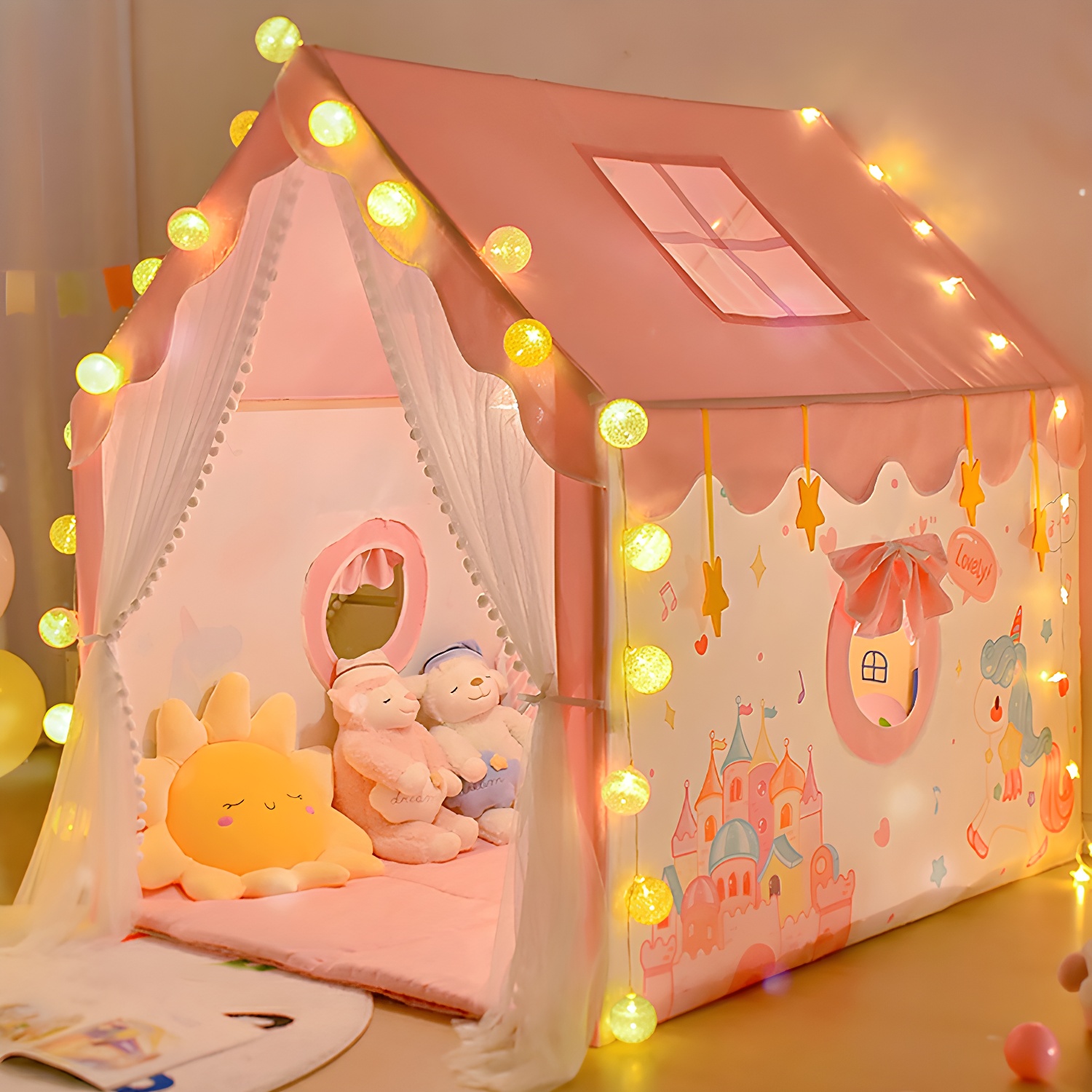 Cabin-themed Fabric Square Play Tent with Skylight, Windows, and Lights for Indoor Play