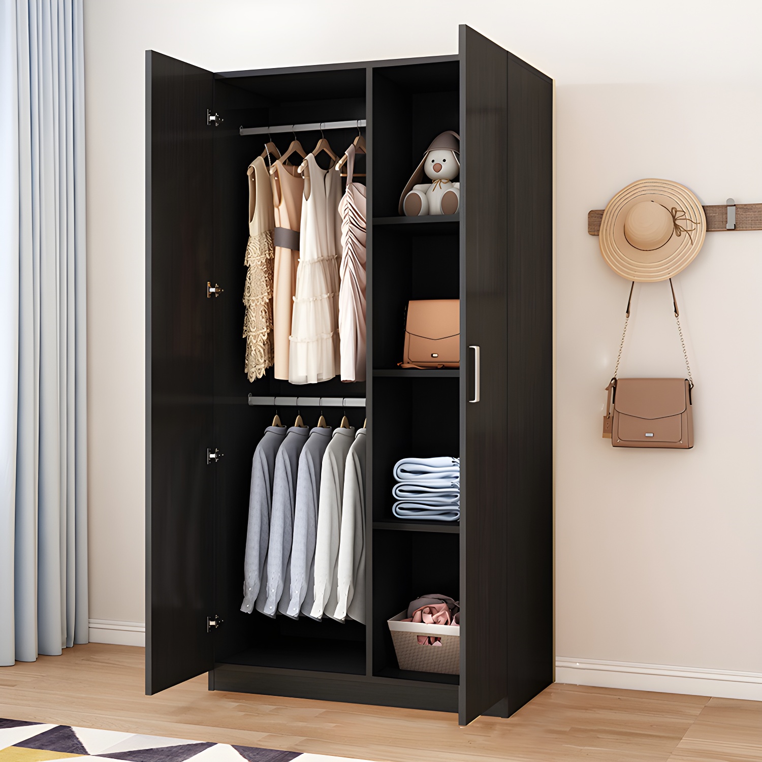 Modern Wood Wardrobe Armoire with Non-Adjustable Shelves and Soft Close Drawers