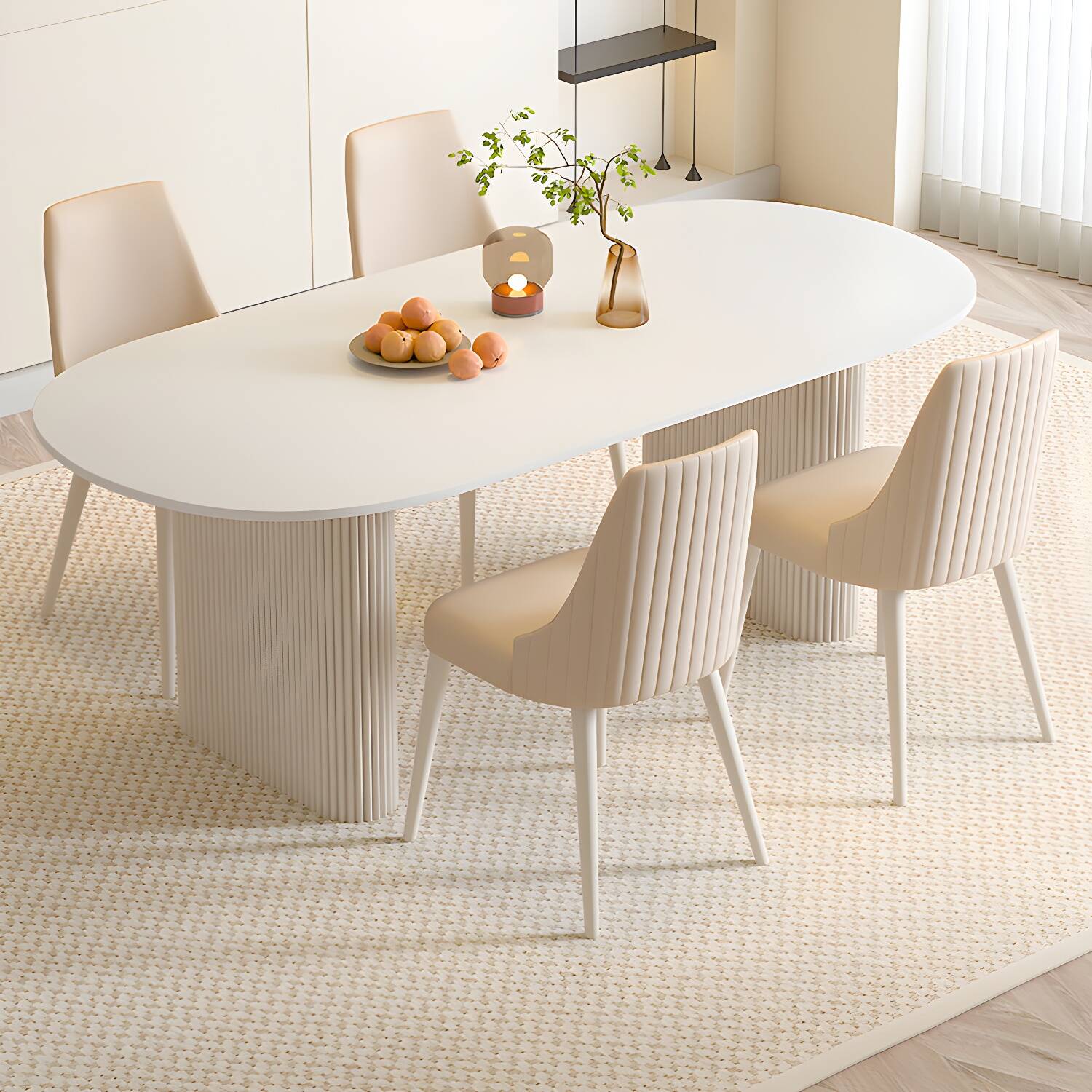 Modern White Oval Dining Table with Stone Top and Iron Double Pedestal Base