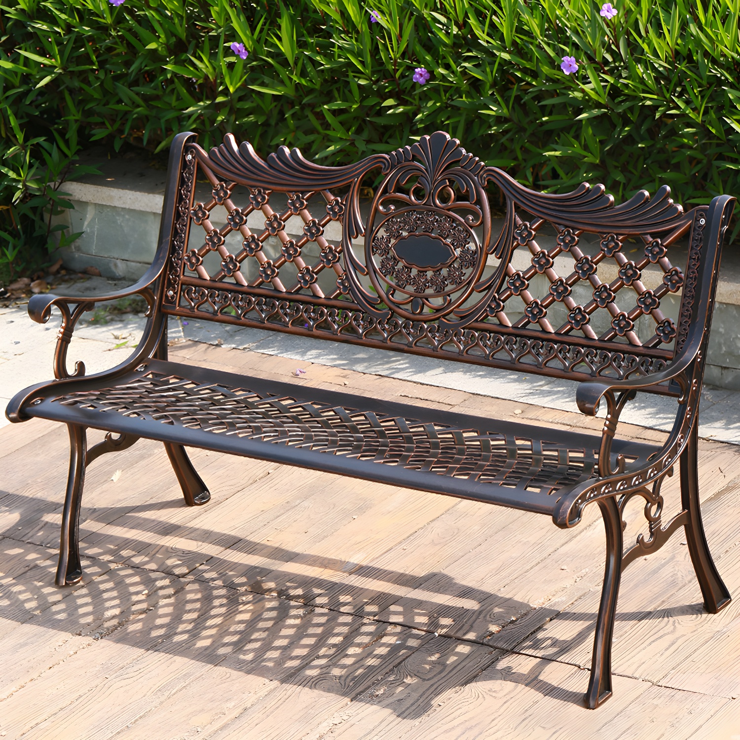 Bohemian Metal Park Bench with Waterproof Design and Curved Arms