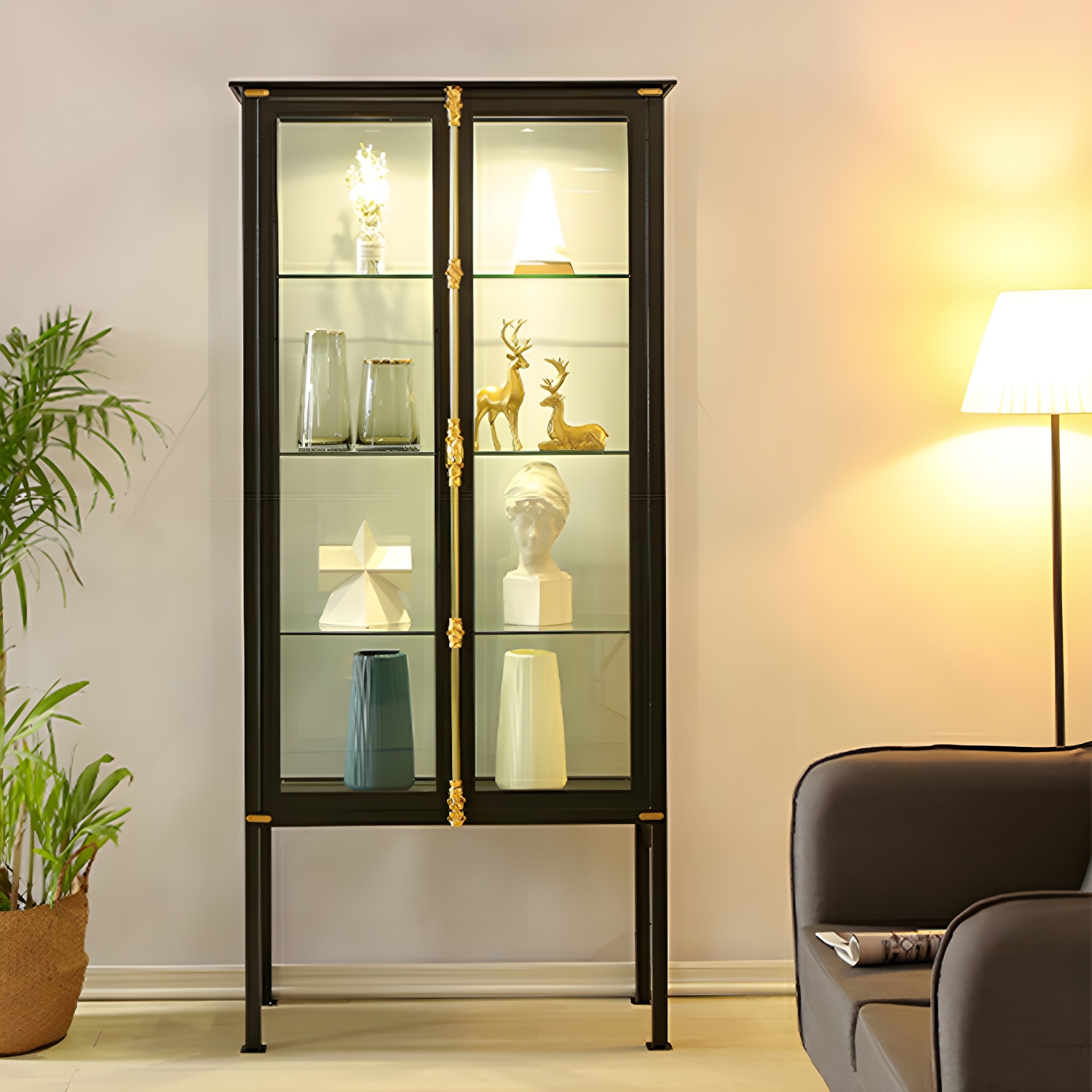 Mid-Century Modern Metal Curio Cabinet with Glass Doors - Showcase Your Collectibles in Style