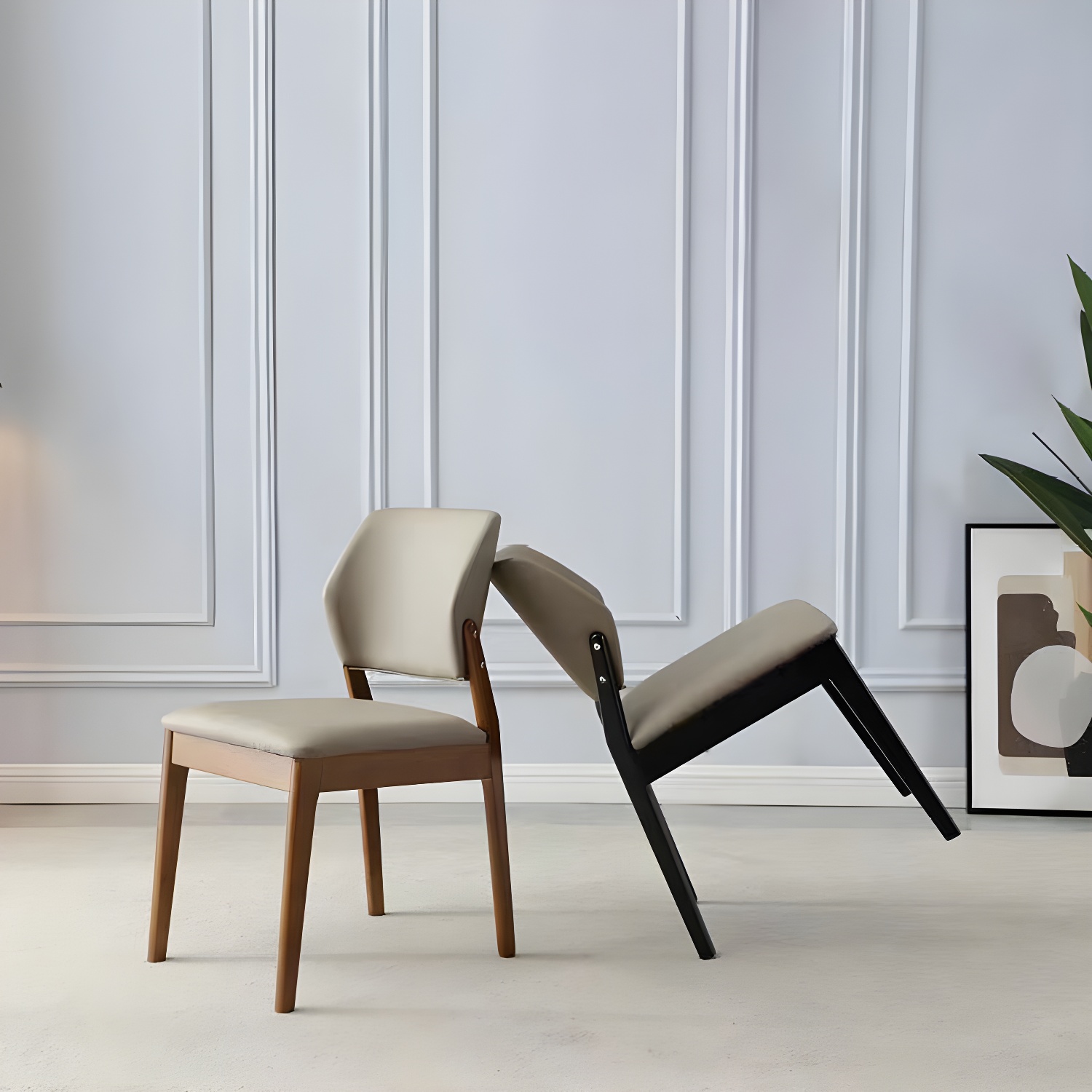 Modern Low-Back Side Chair with Open Back and Faux Leather Upholstery on Wood Legs