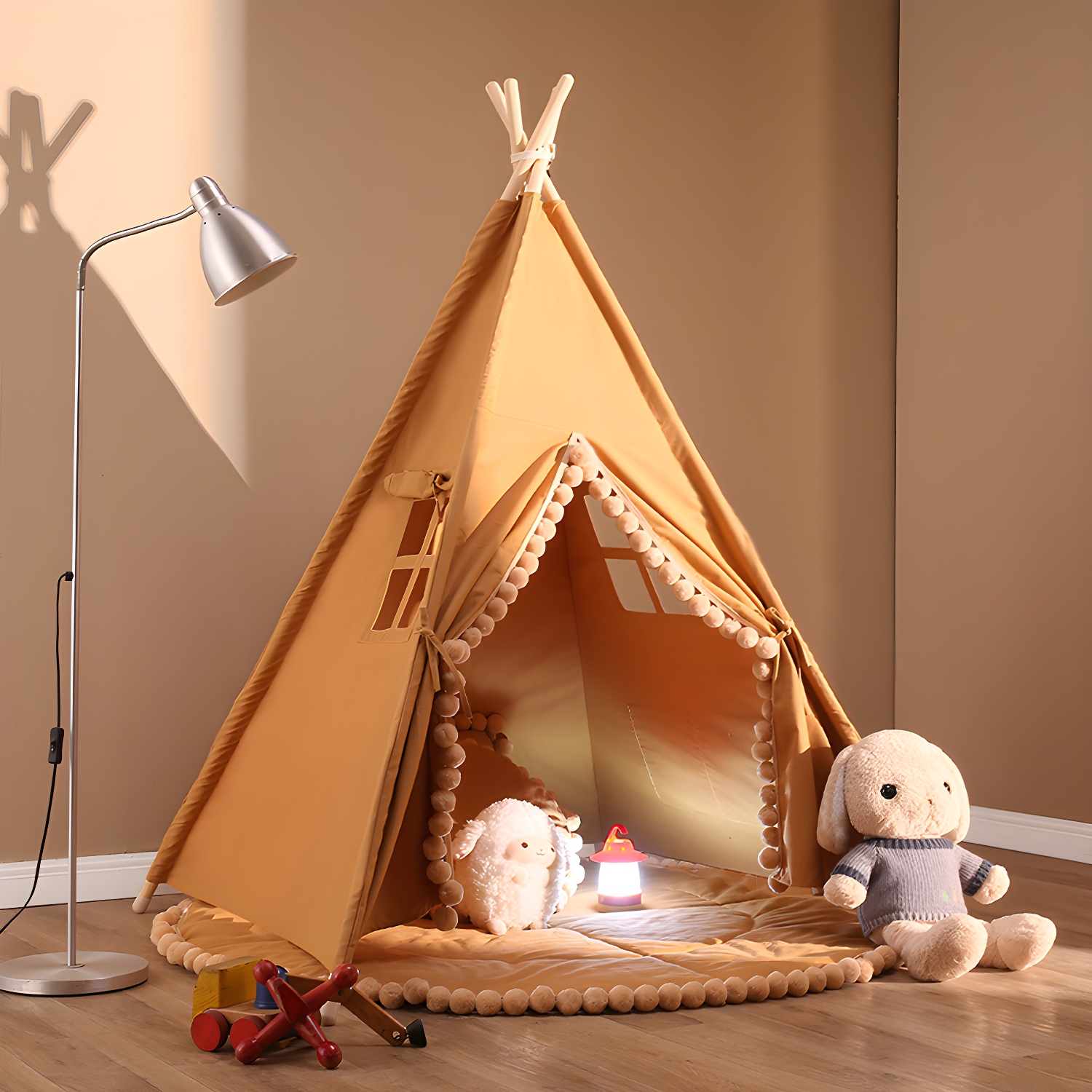 Modern Triangle Brown Canvas Play Tent with LED Lights, Windows, and Sturdy Wood Frame