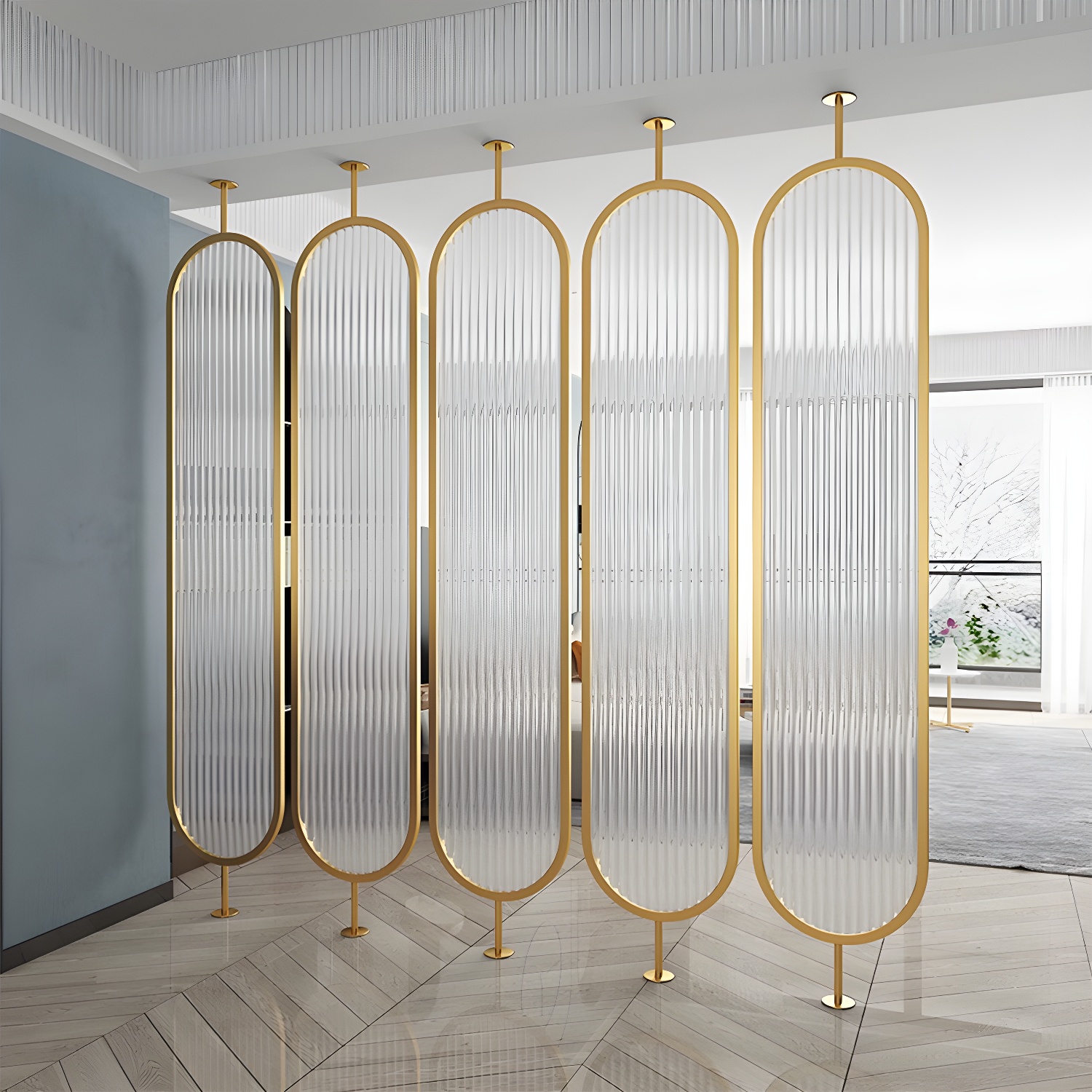 Glam Hanging Room Divider with Translucent Glass Screen and Stainless Steel Frame