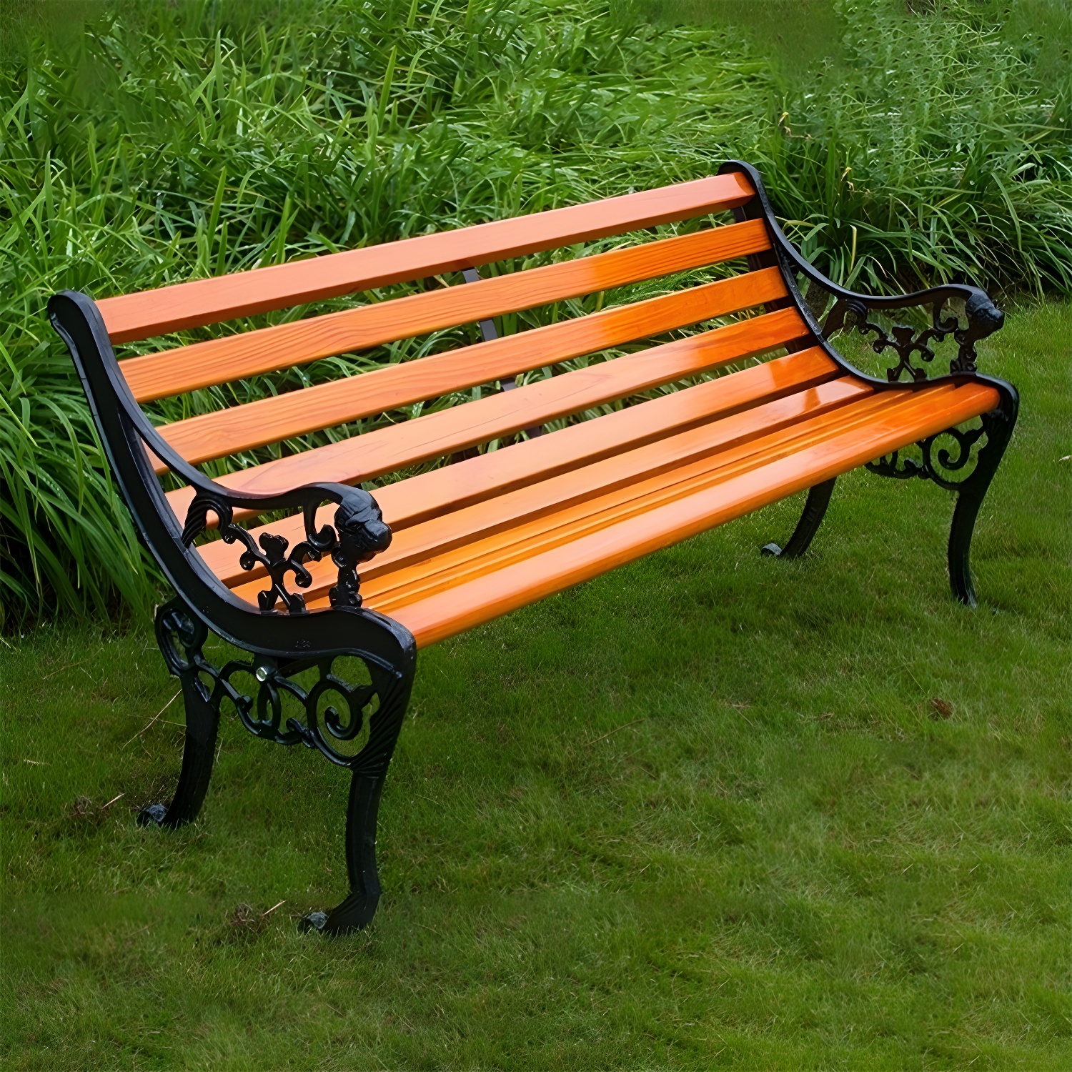 Industrial Metal Park Bench with Waterproof Wood Seating - Black Frame, Brown Seat