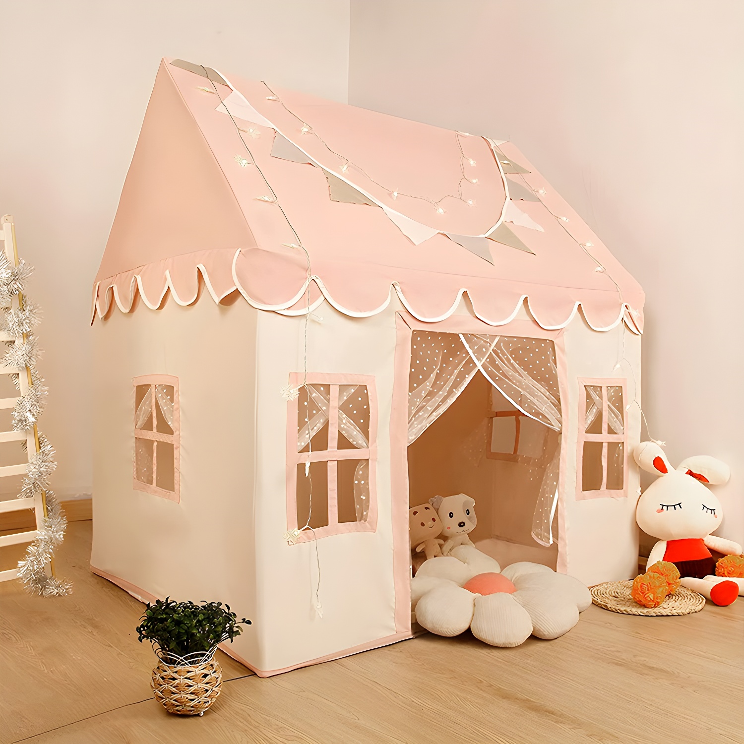 Fabric Square Play Tent with Windows and Floor, Perfect for Indoor Cabin-themed Playtime