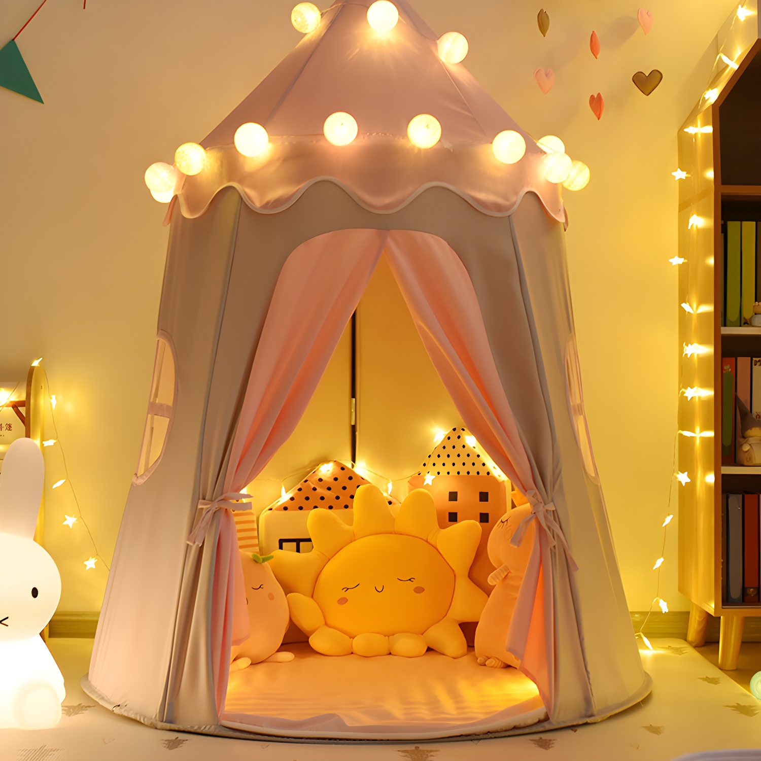 Round Castle-themed Fabric Play Tent with Windows and LED Lights for Indoor Play, Foldable Design