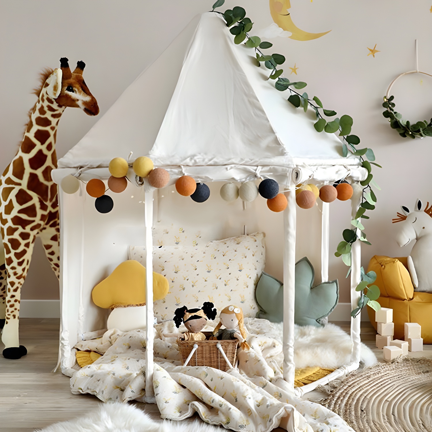 Beige Canvas Round Castle Play Tent for Indoor Play - Foldable and Durable with Warranty