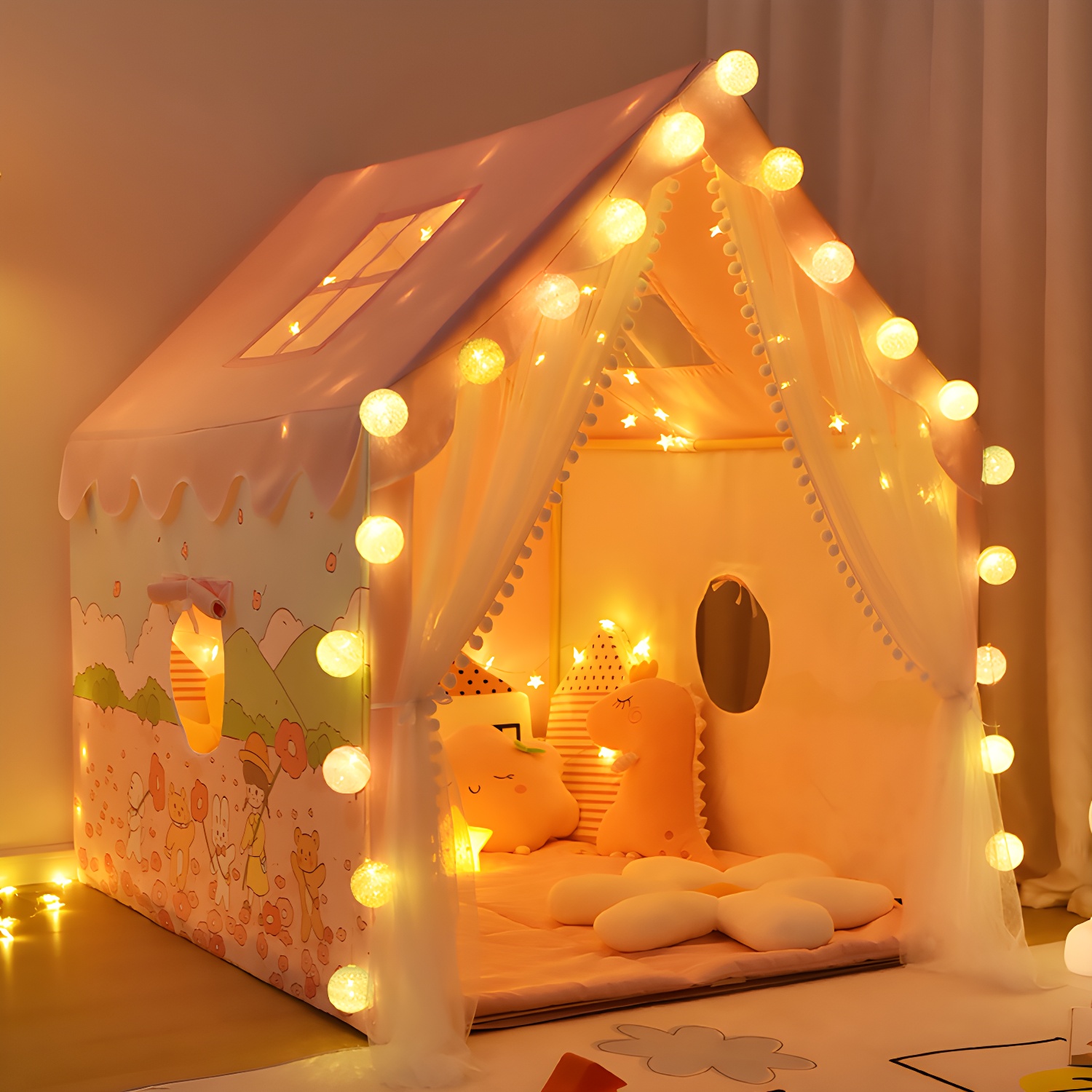 Princess-themed Foldable Fabric Play Tent with Skylight and Lights for Indoor Play - 3 Occupancy