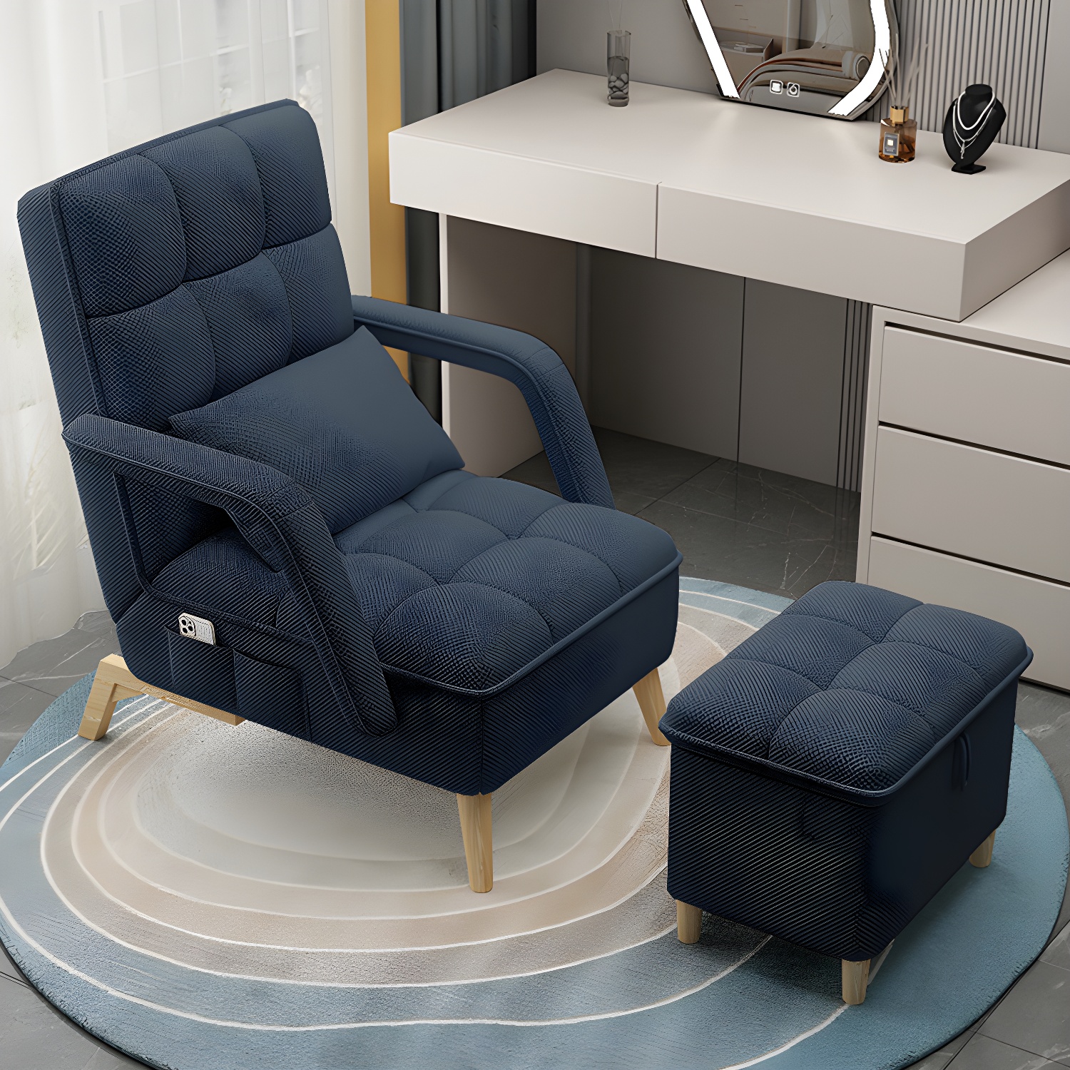 Compact Modern Recliner with Lumbar Support and Storage, featuring Wood Legs