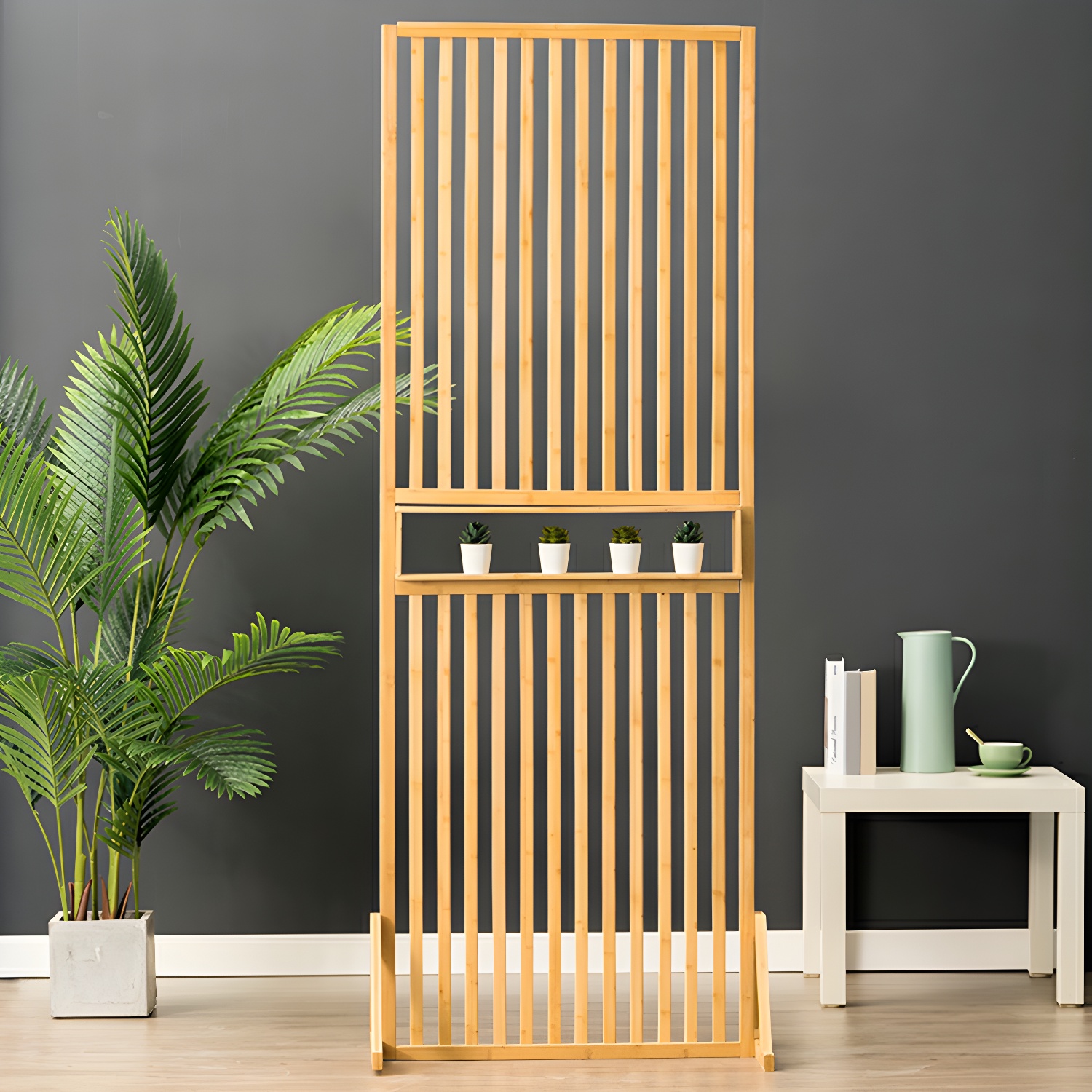 Modern Freestanding Wood Room Divider with Bamboo Screens and Shelves