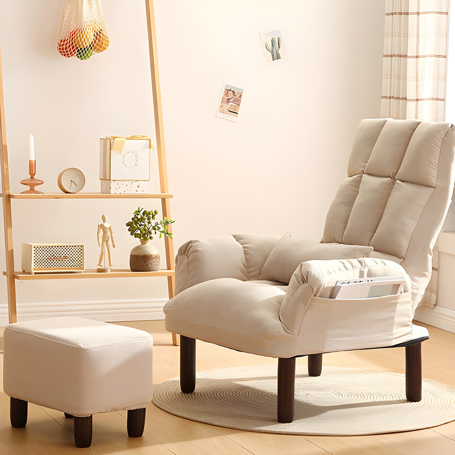Compact Modern Recliner with Lumbar Support and Built-In Storage, featuring Wood Legs and Pillow