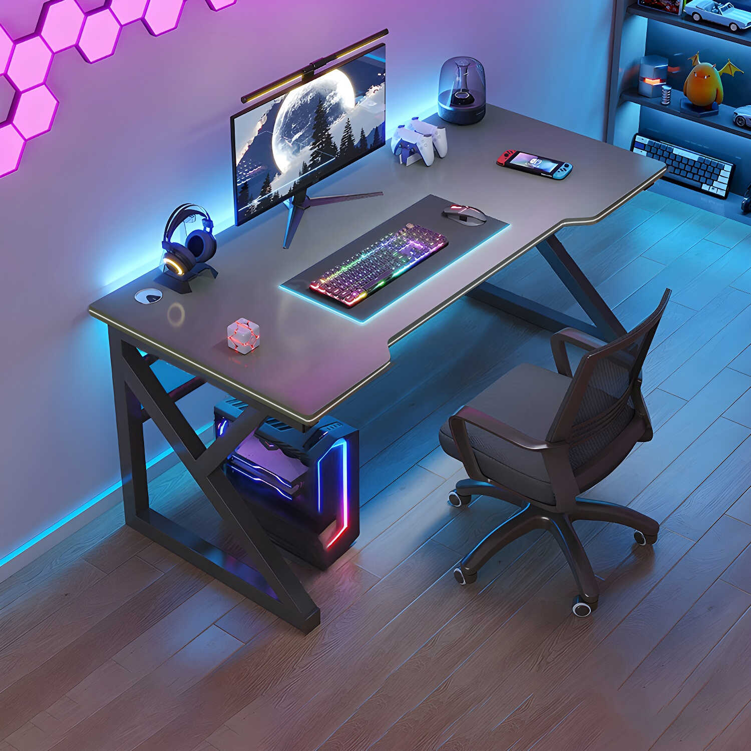 Industrial Black Computer Desk with Trestle Base and Cable Management for Home Office