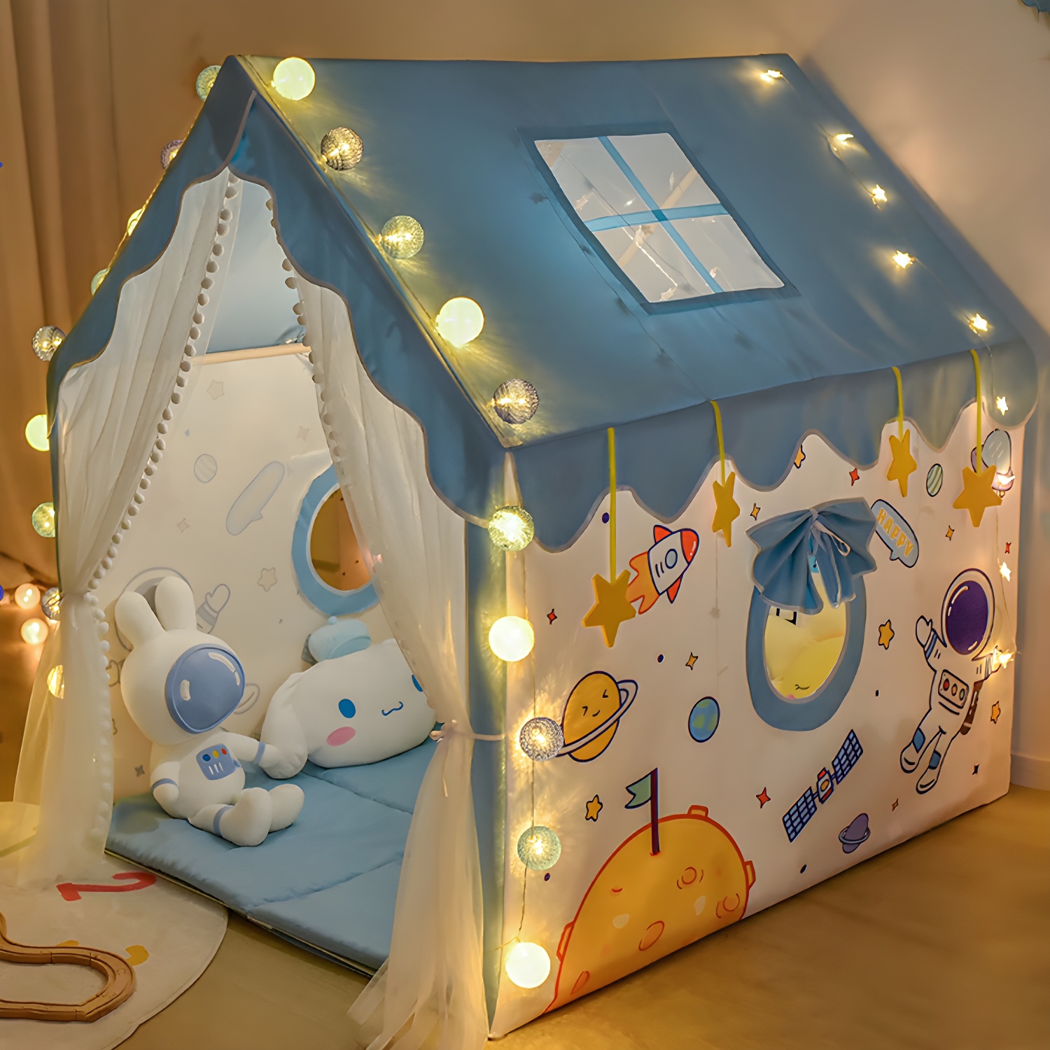 Striped Foldable Play Tent with Windows and Waterproof Tent Poles for Indoor/Outdoor Use