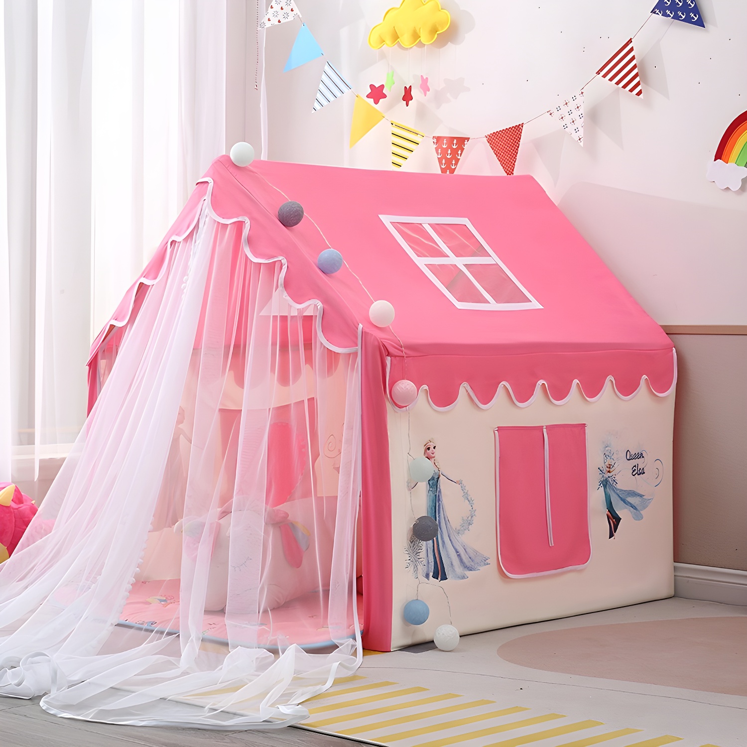 Solid Colour Square Foldable Play Tent with Skylight, Windows, and Tent Poles for Indoor Use