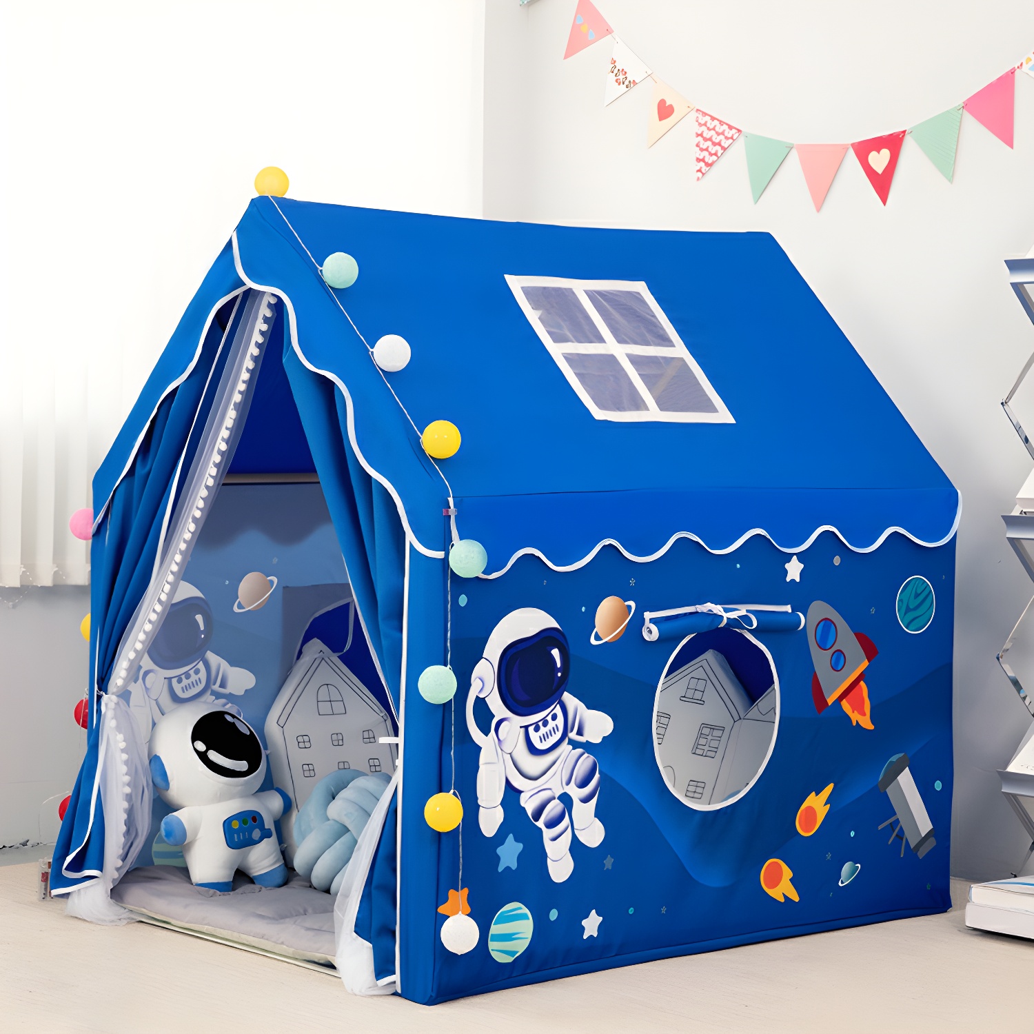 Square Space-themed Fabric Play Tent with Skylight, Windows, and Lights for Indoor Fun