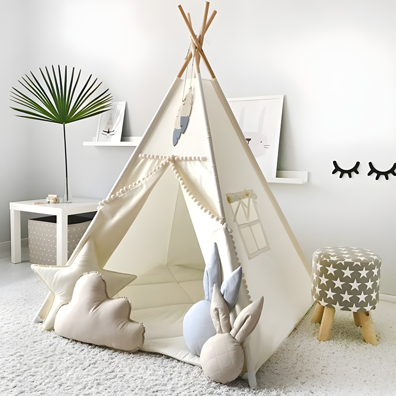 Modern Triangle Play Tent with Solid Wood Frame, Windows and Foldable Design for Indoor Use
