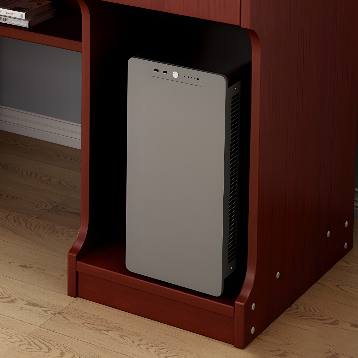 Transitional Wood Desk with Sled Base, Cabinet, and Locking Drawer for Medium-Sized Spaces