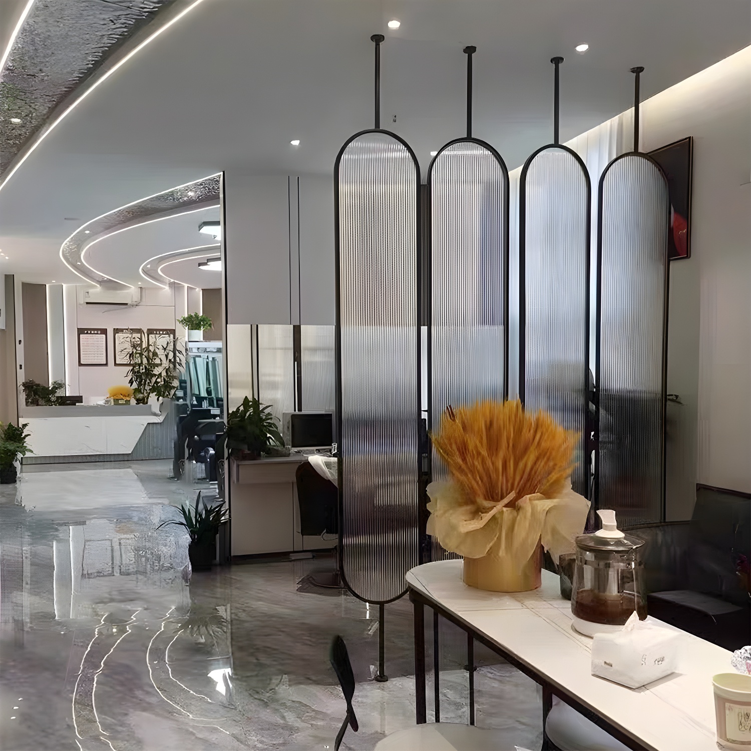 Modern Hanging Room Divider with Glass Screen and Metal Frame for Home