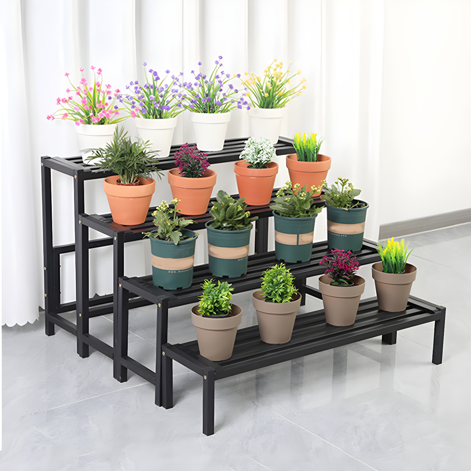 Black Metal Rectangular Plant Stand with Legs - Water Resistant