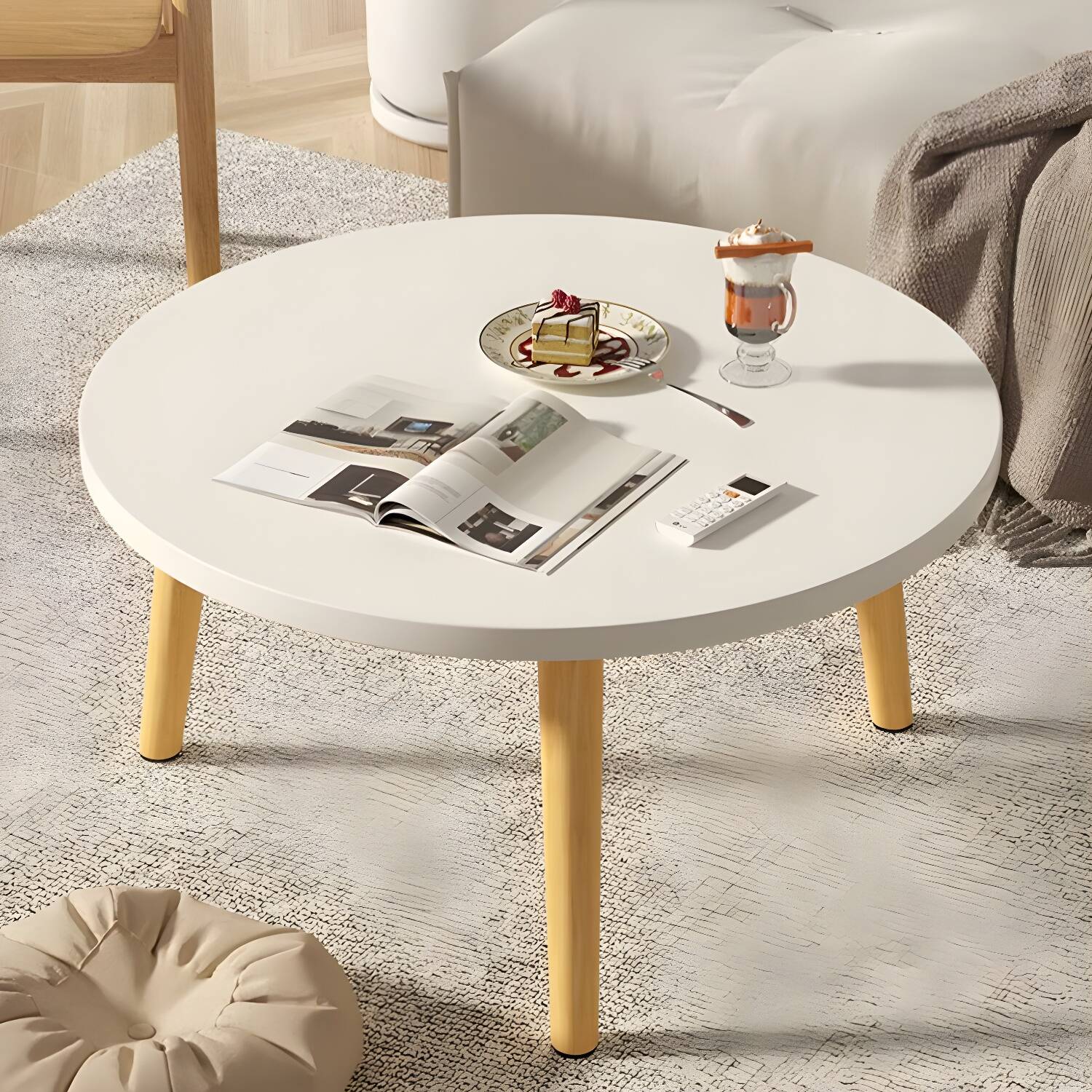 Contemporary Circle Yellow/White/Black Wood Coffee table with 3 Legs