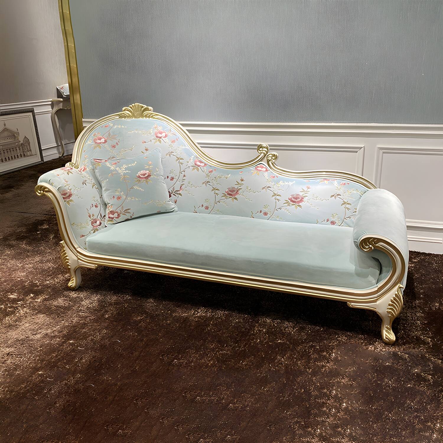 Floral Chaise Lounge with Brass/Gold Legs and Rolled Arms, Pillow Included