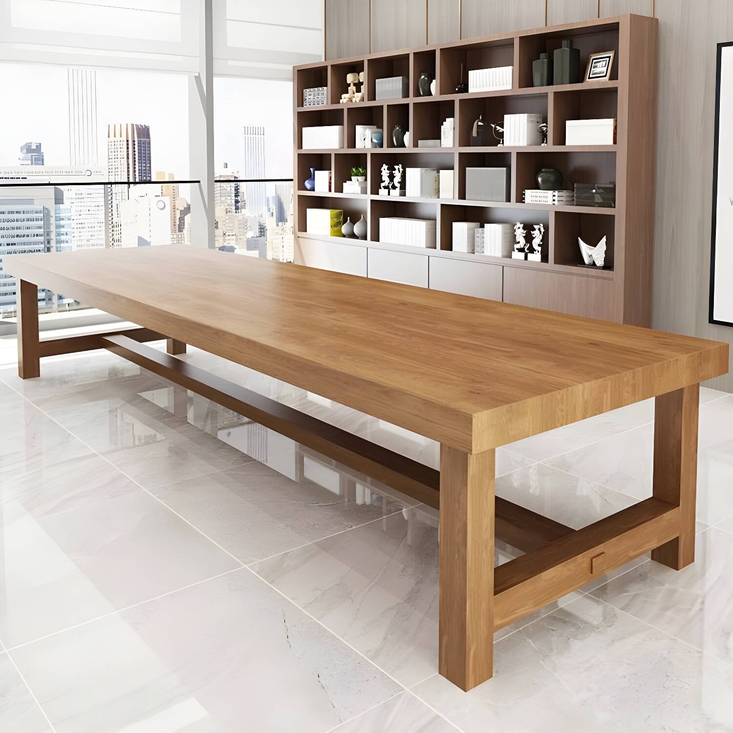 Scandinavian Writing Desk with Brown Wood Top and Trestle Base for Home Office