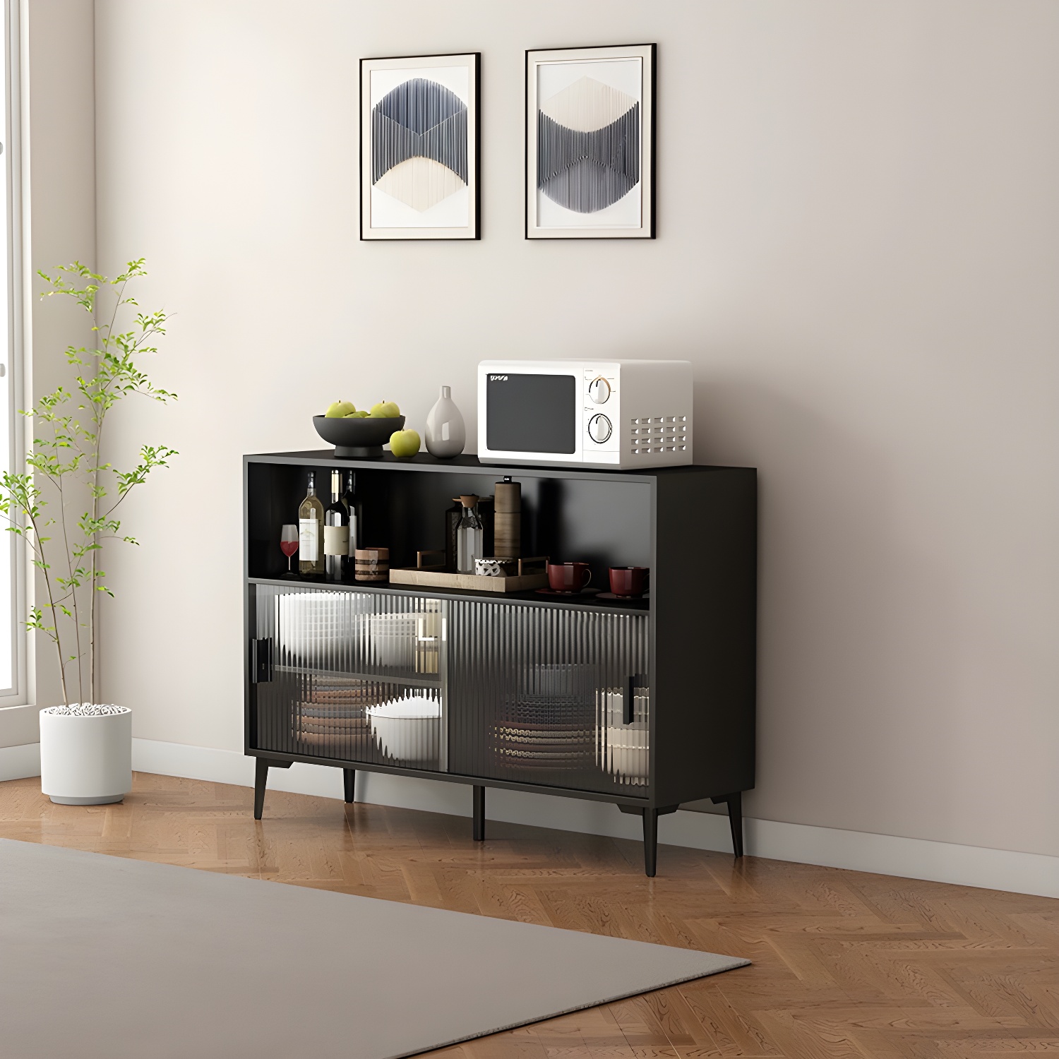 Wood Server with Cabinets, Adjustable Shelves, and Sliding Glass Doors in Narrow Size