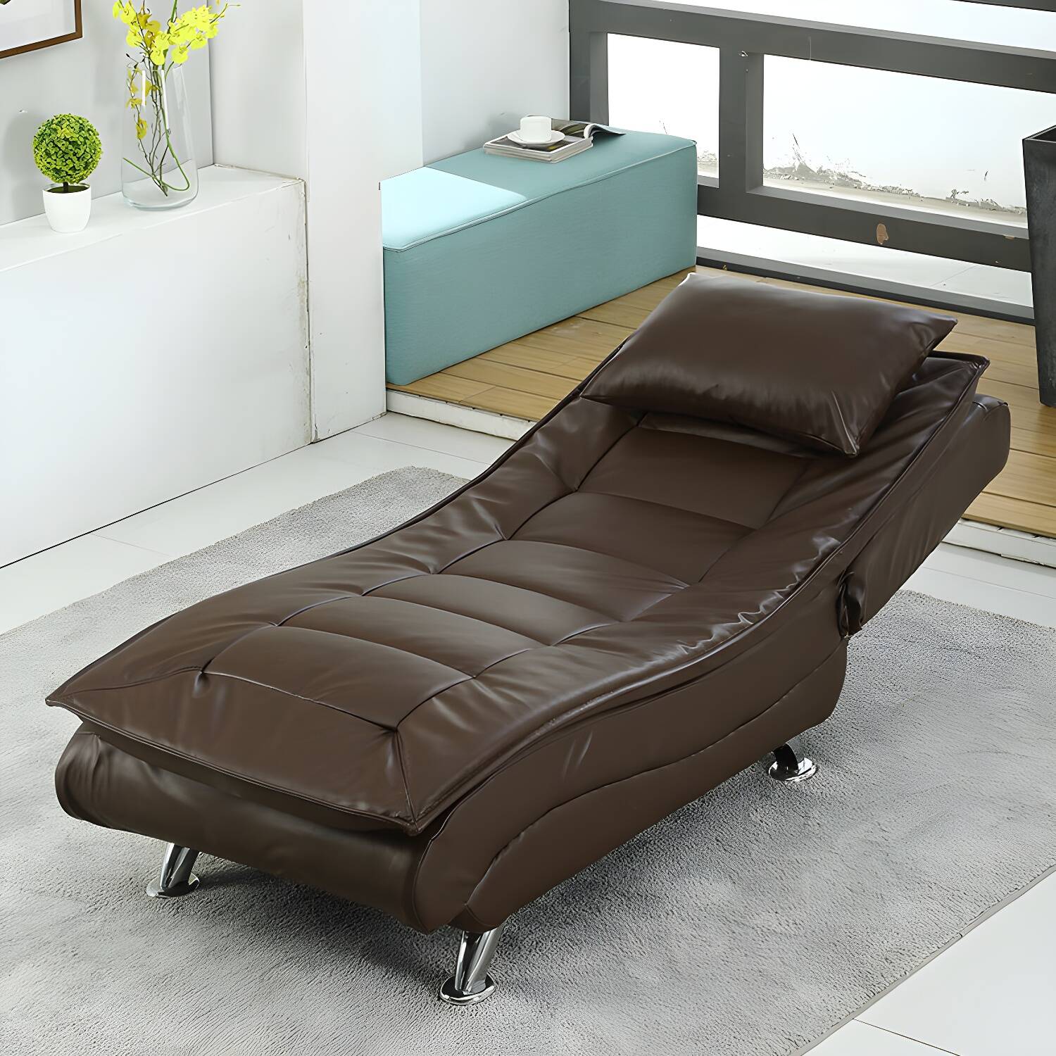 Modern Armless Chaise Lounge with Removable Cushions and Stainless Steel Frame