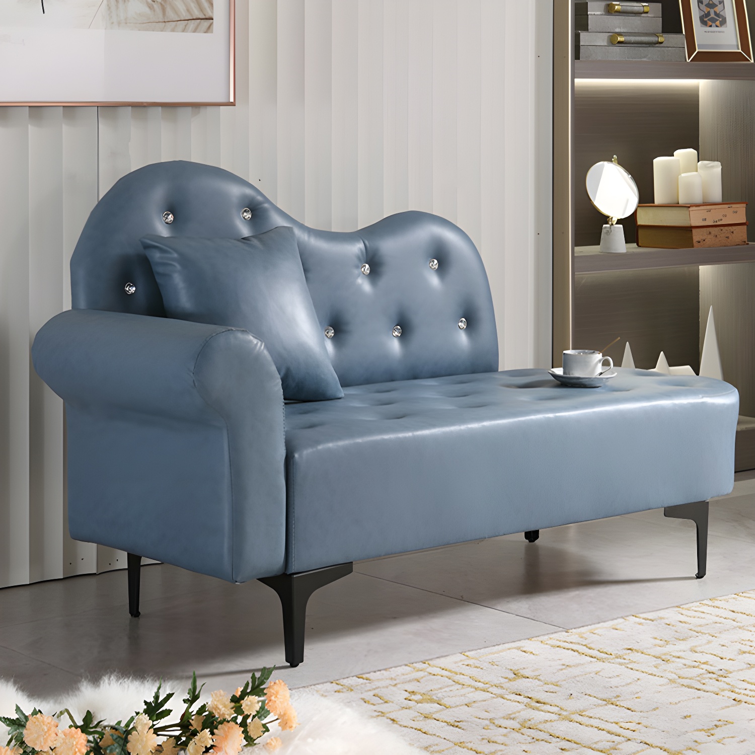 Modern Tufted Chaise Lounge with Wooden Frame and Rolled Arm in Solid Colour